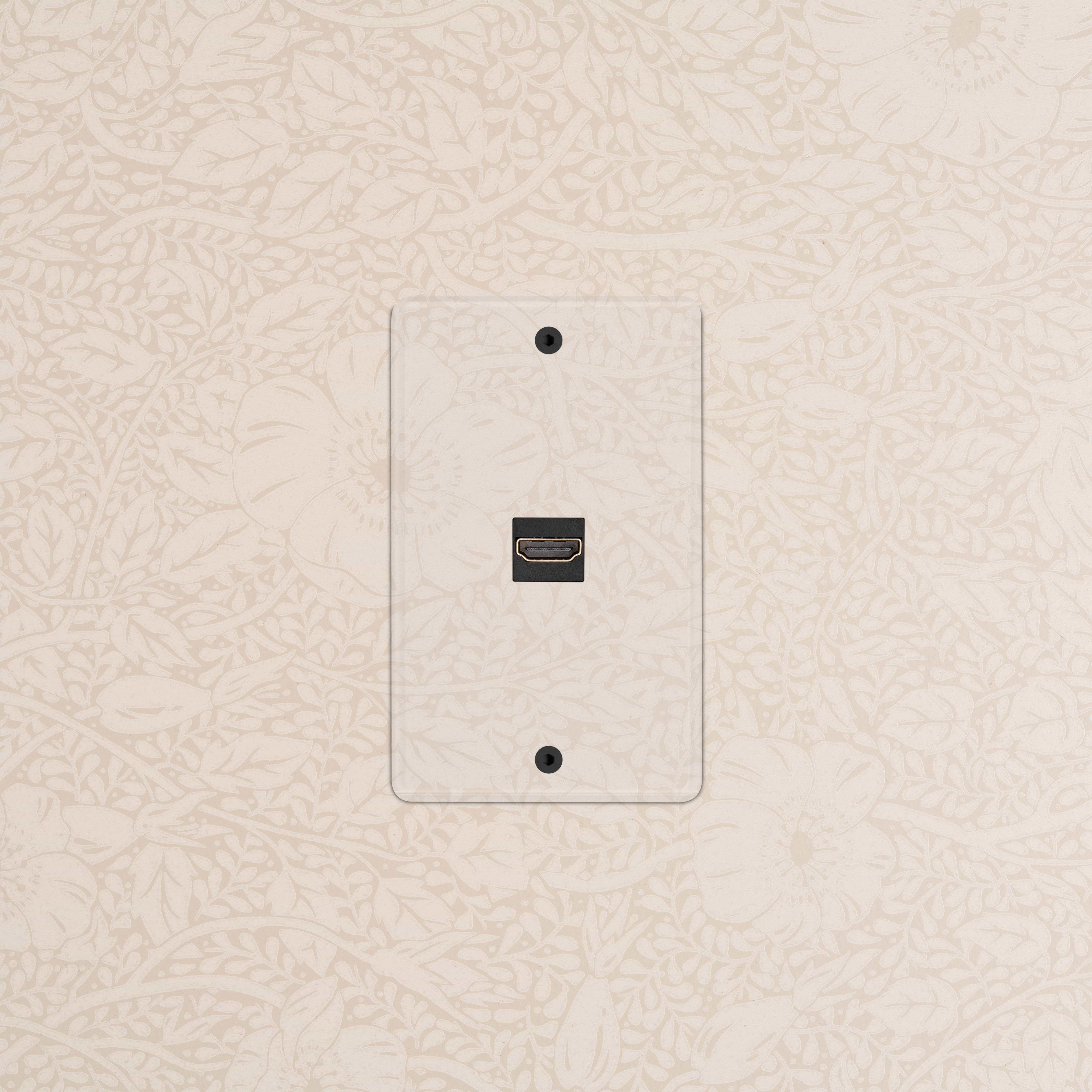 Kew 1G HDMI Keystone in Clear Black with single HDMI port, mounted on wall plate.