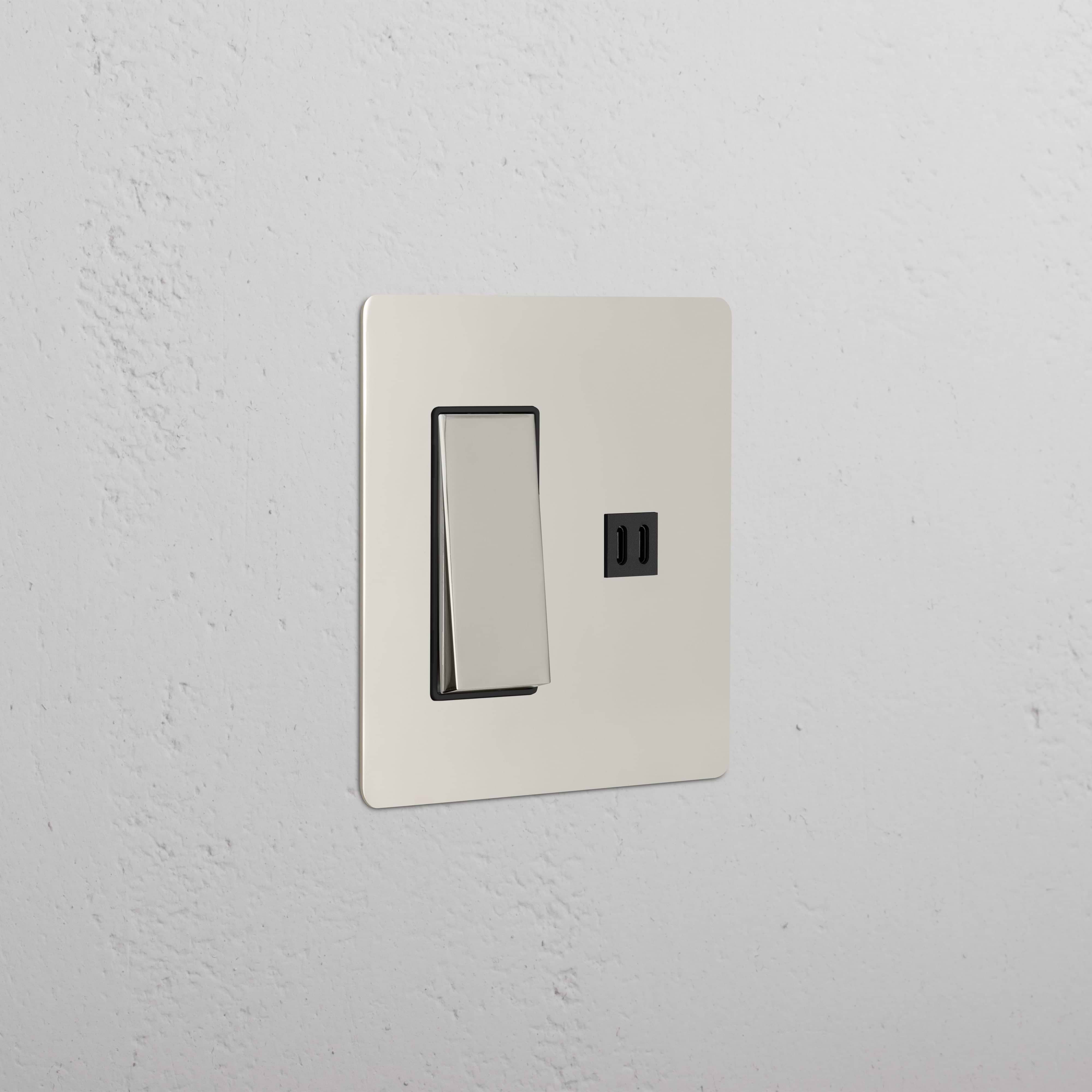 Kew 2G Rocker Switch & Fast Charge USB in Polished Nickel Black, double switch and USB port on plate.