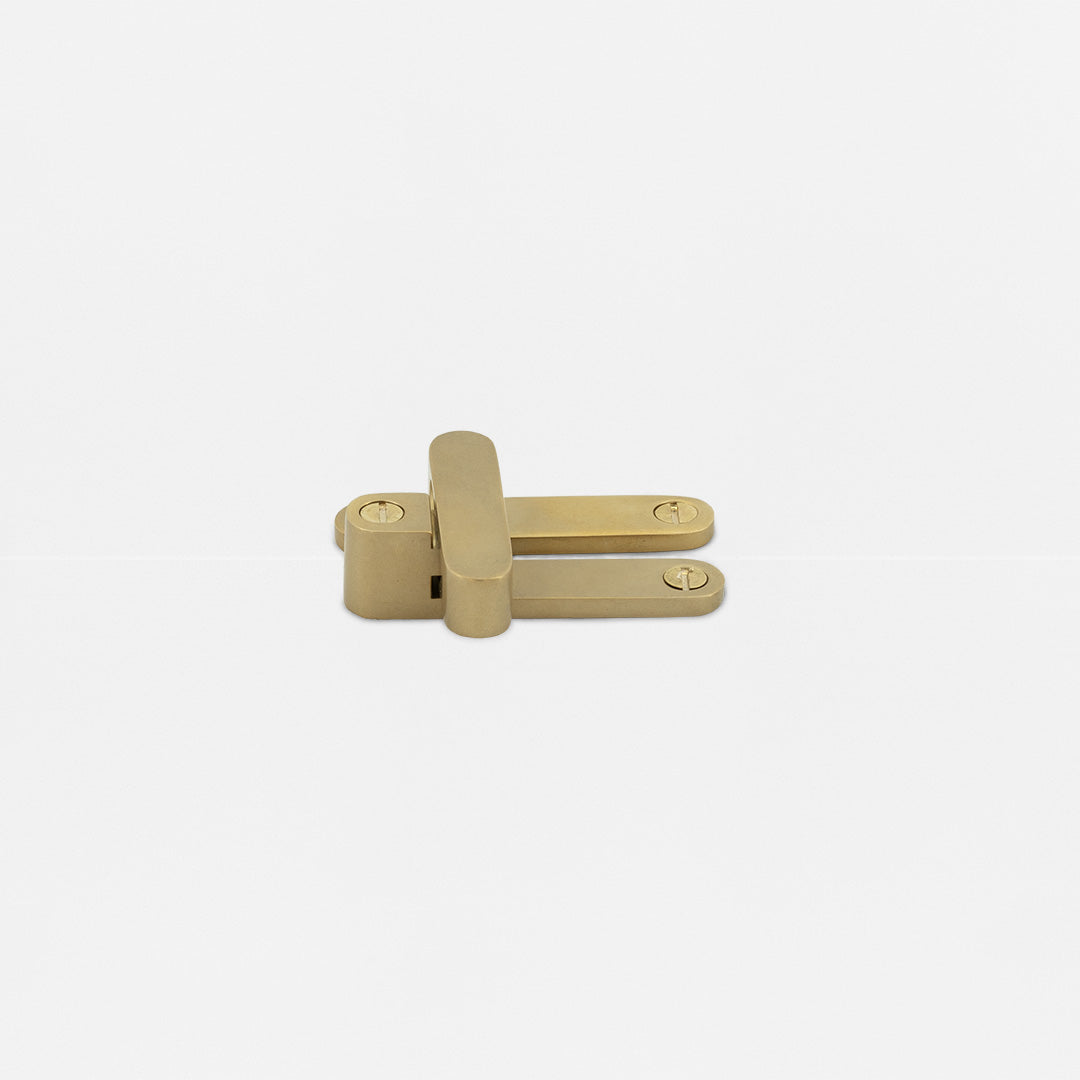 Belmont Single Hung Window Latch in antique brass finish with rotating locking bar, shown on white background.