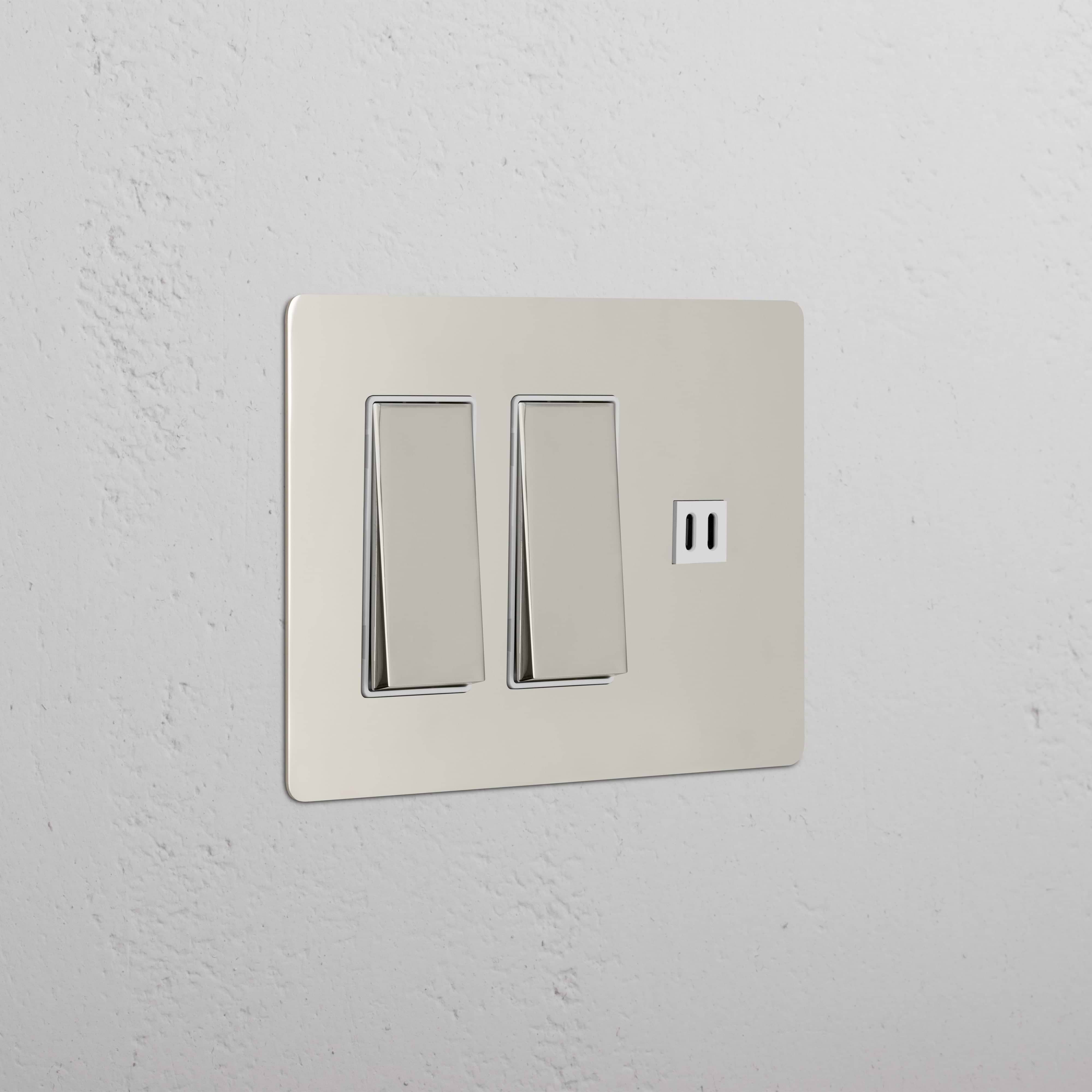 Kew 3G 2x Rocker Switch & Fast Charge USB in Polished Nickel White with two switches and USB port.