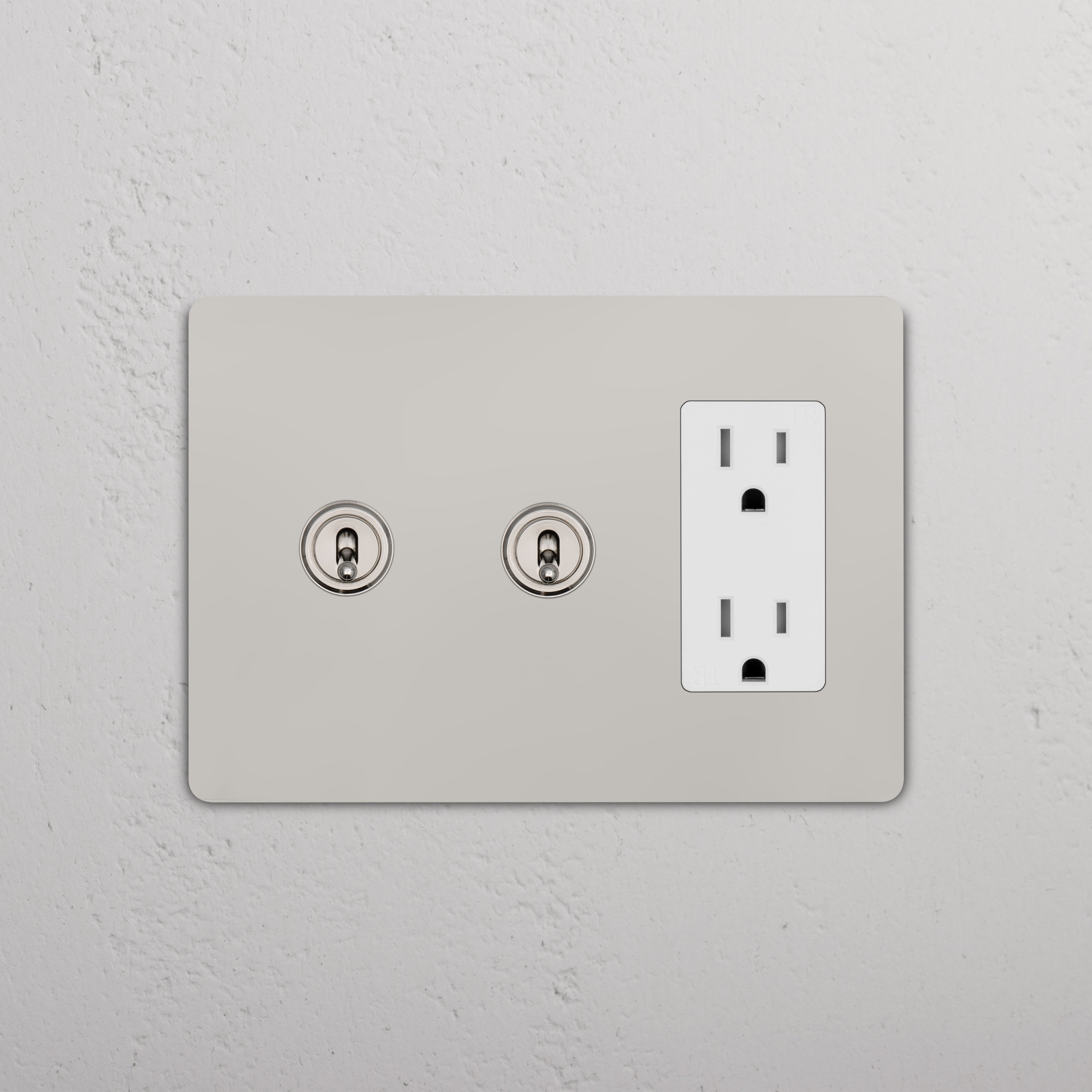 Grove 3G 2x Toggle Switch & Outlet in Polished Nickel White with two toggles and double outlet on wall.