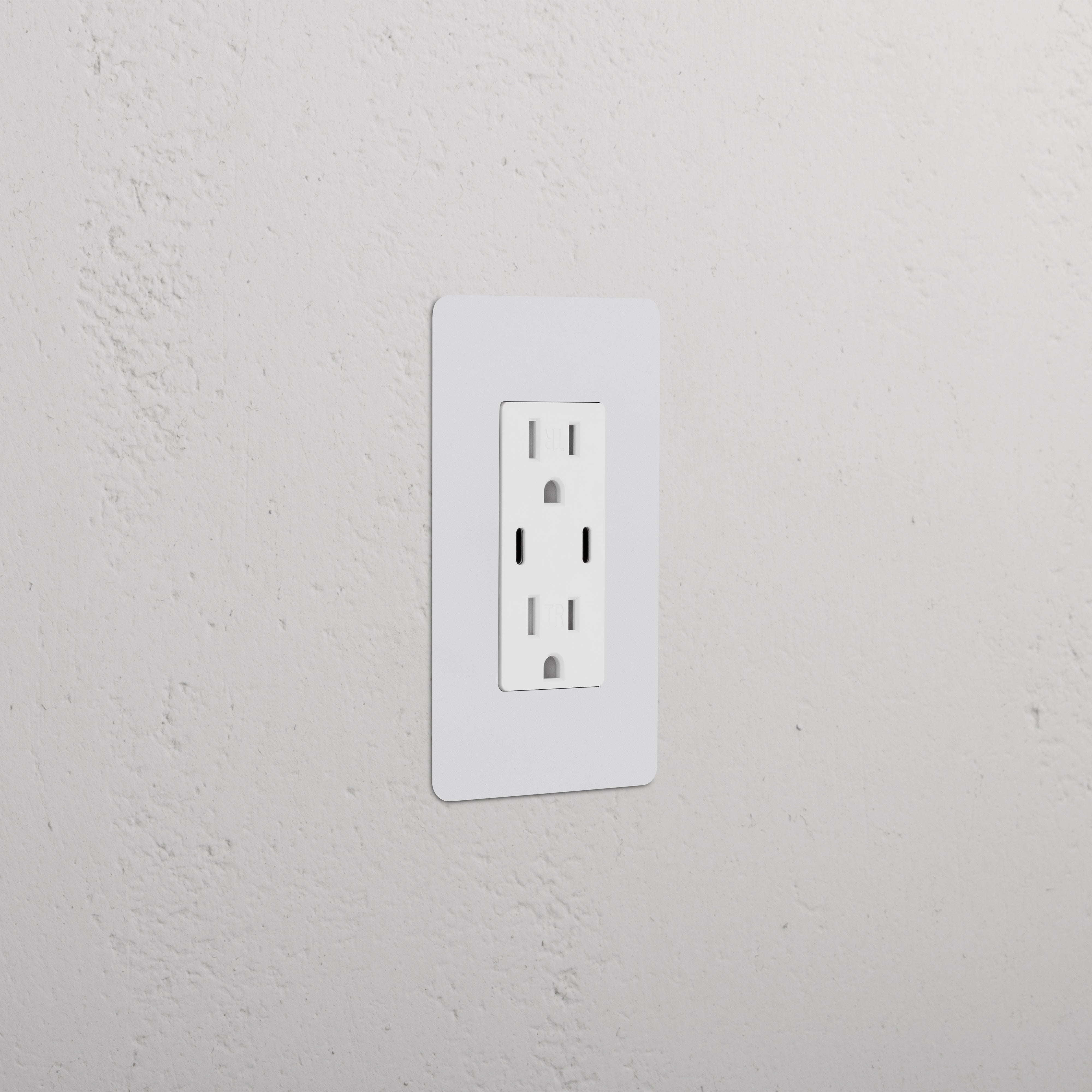 Kew 1G 15A USB Outlet in paintable white with two sockets and USB port, shown on a matching wall.