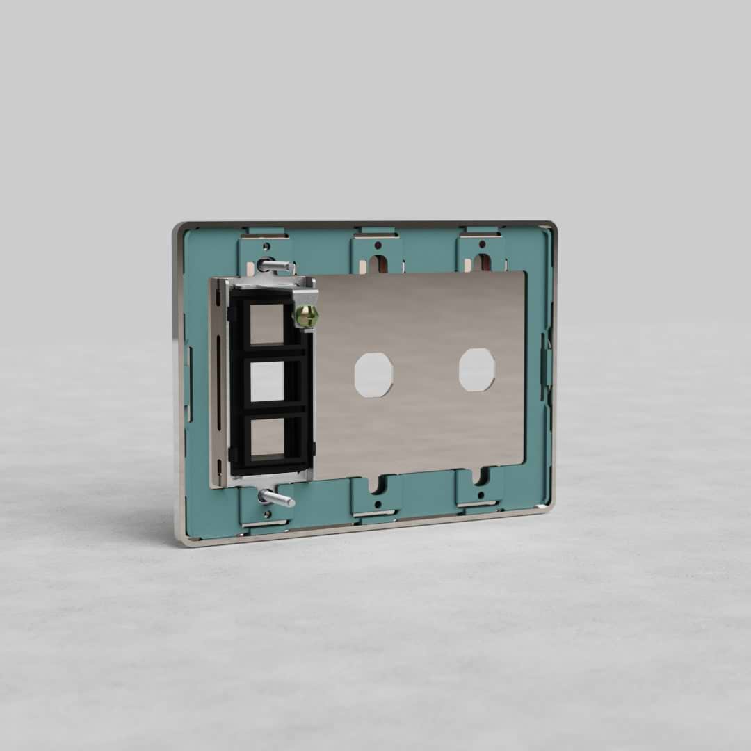 3G 2x Switch & Keystone Plate Grove US in polished nickel, with switch and keystone cutouts, on gray surface.