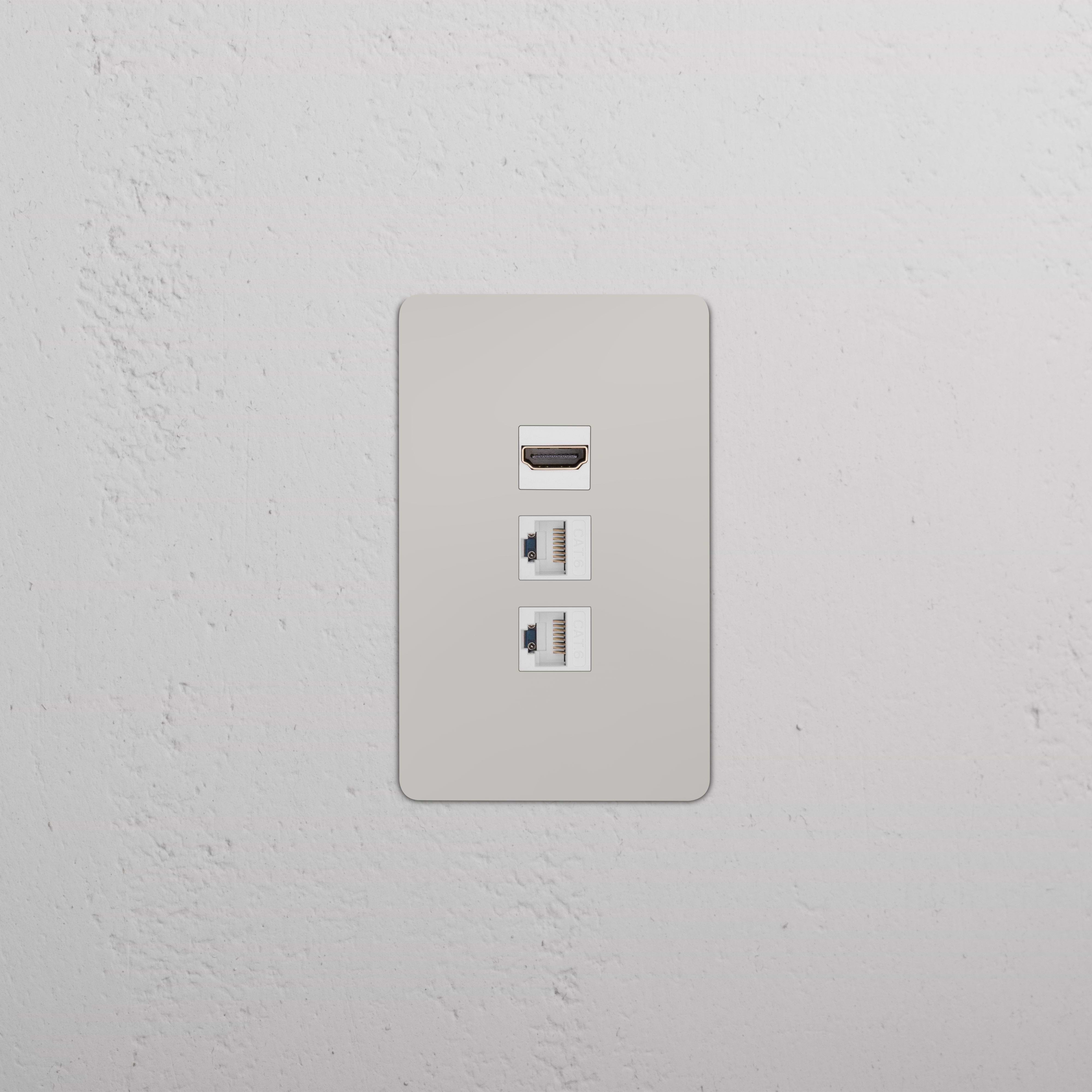 Kew 1G HDMI & 2x CAT6 Keystone wall plate in polished nickel white with HDMI and dual Ethernet ports.