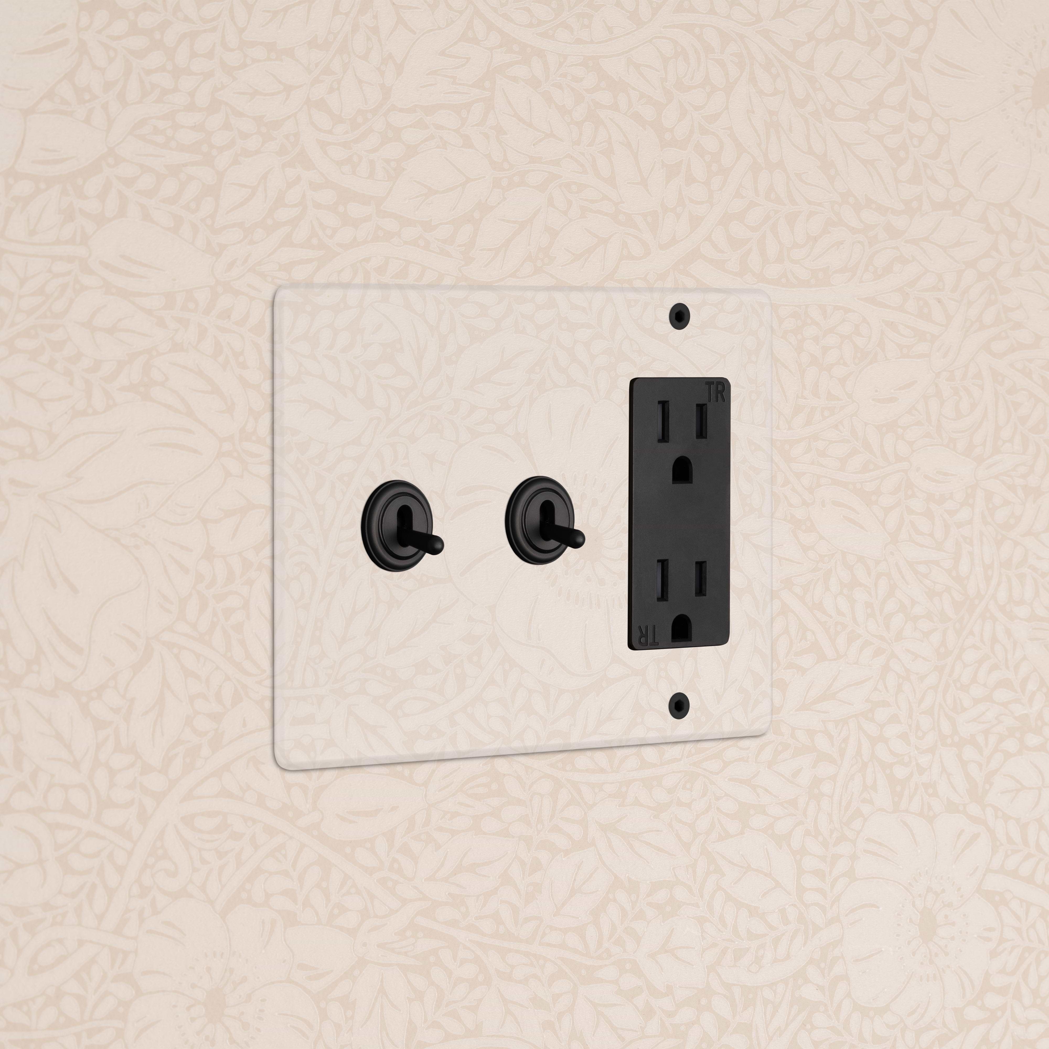 Kew 3G 2x Toggle Switch & Outlet in Clear Bronze Black with two black toggles and matching outlet on floral wallpaper.
