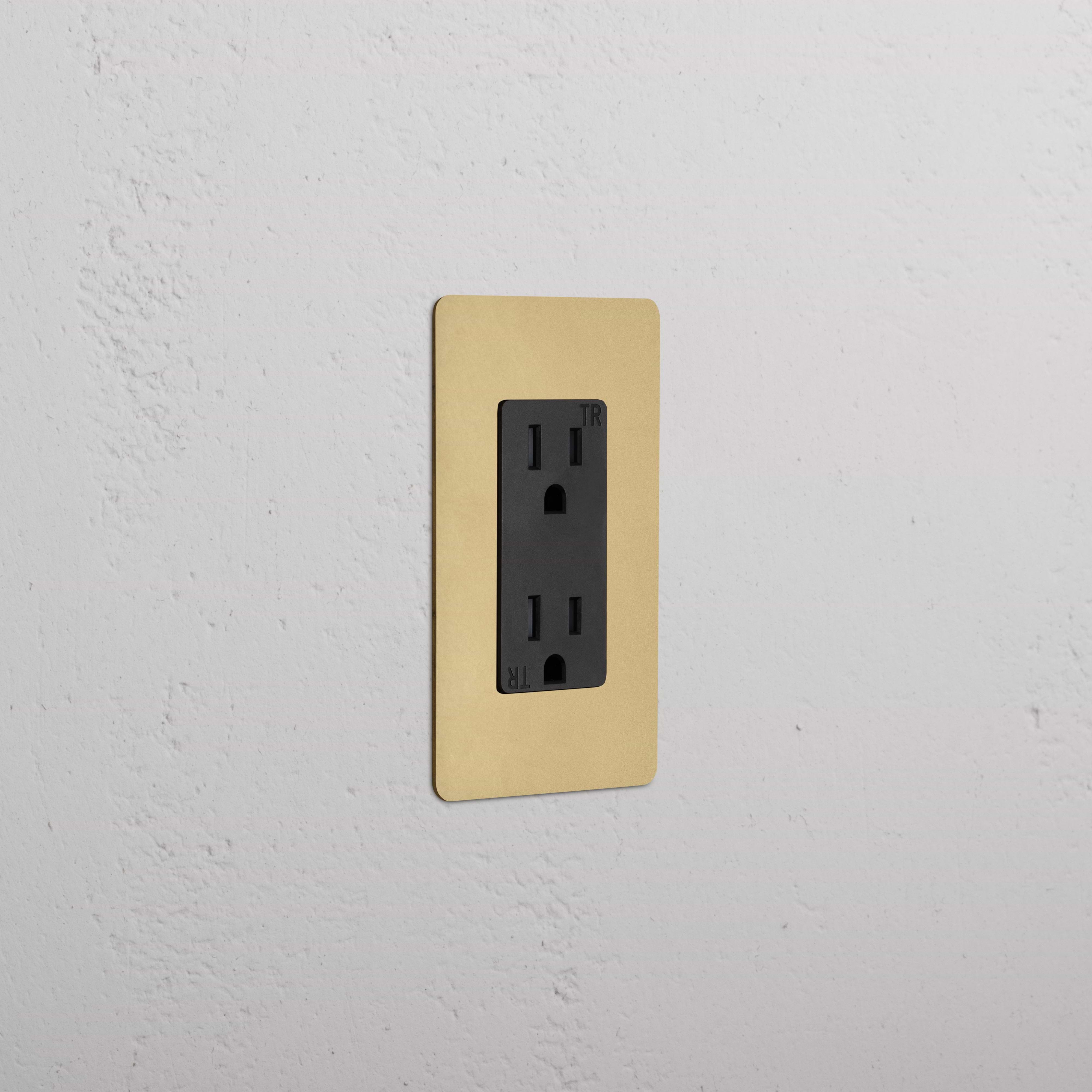 Kew 1G 15A electrical outlet in black with antique brass faceplate, shown on a white wall.