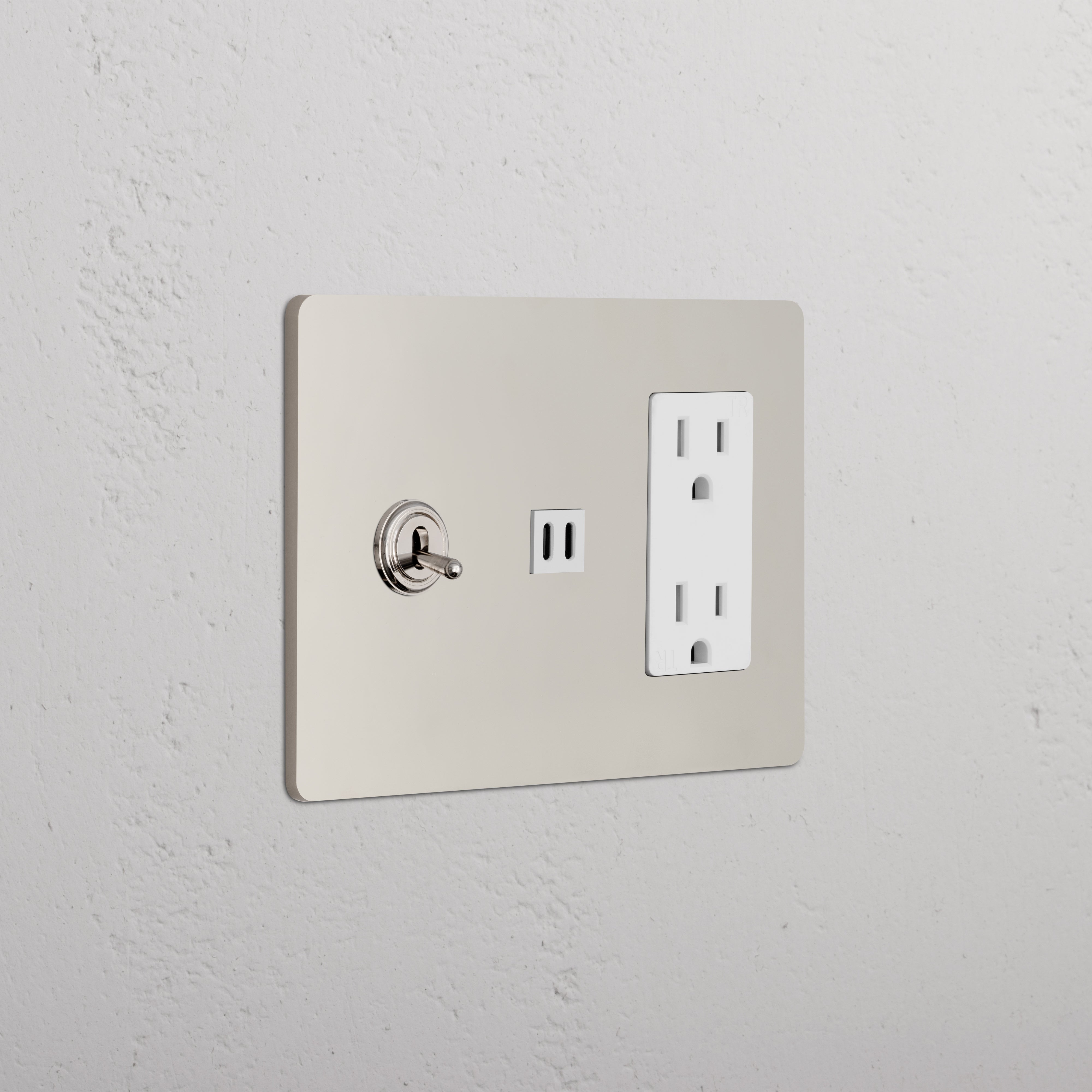 Grove 3G Toggle Switch, Outlet, and Fast Charge USB in Polished Nickel White, mounted on a white wall.