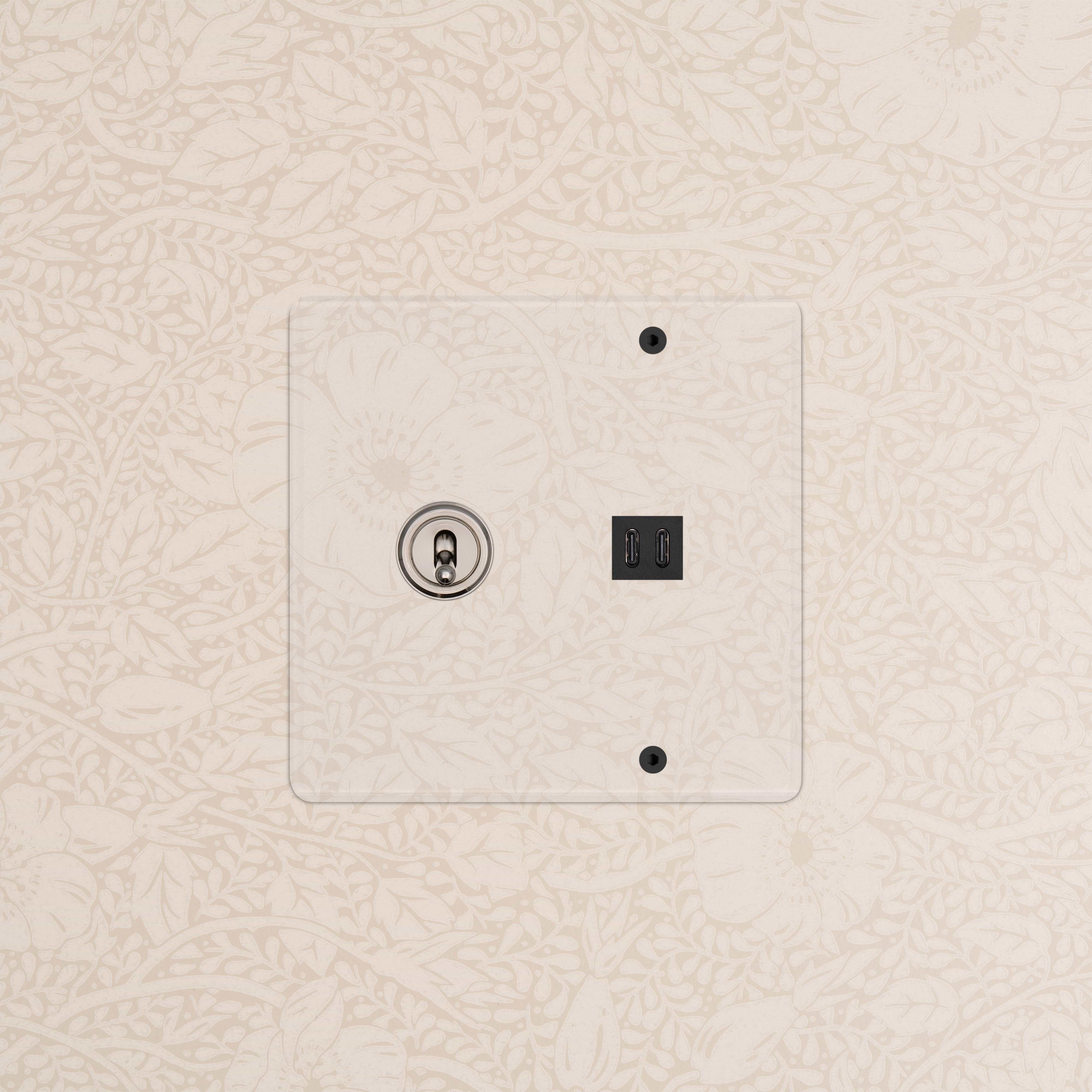 Kew 2G Toggle Switch & Fast Charge USB in clear polished nickel black finish, shown mounted on a wall.