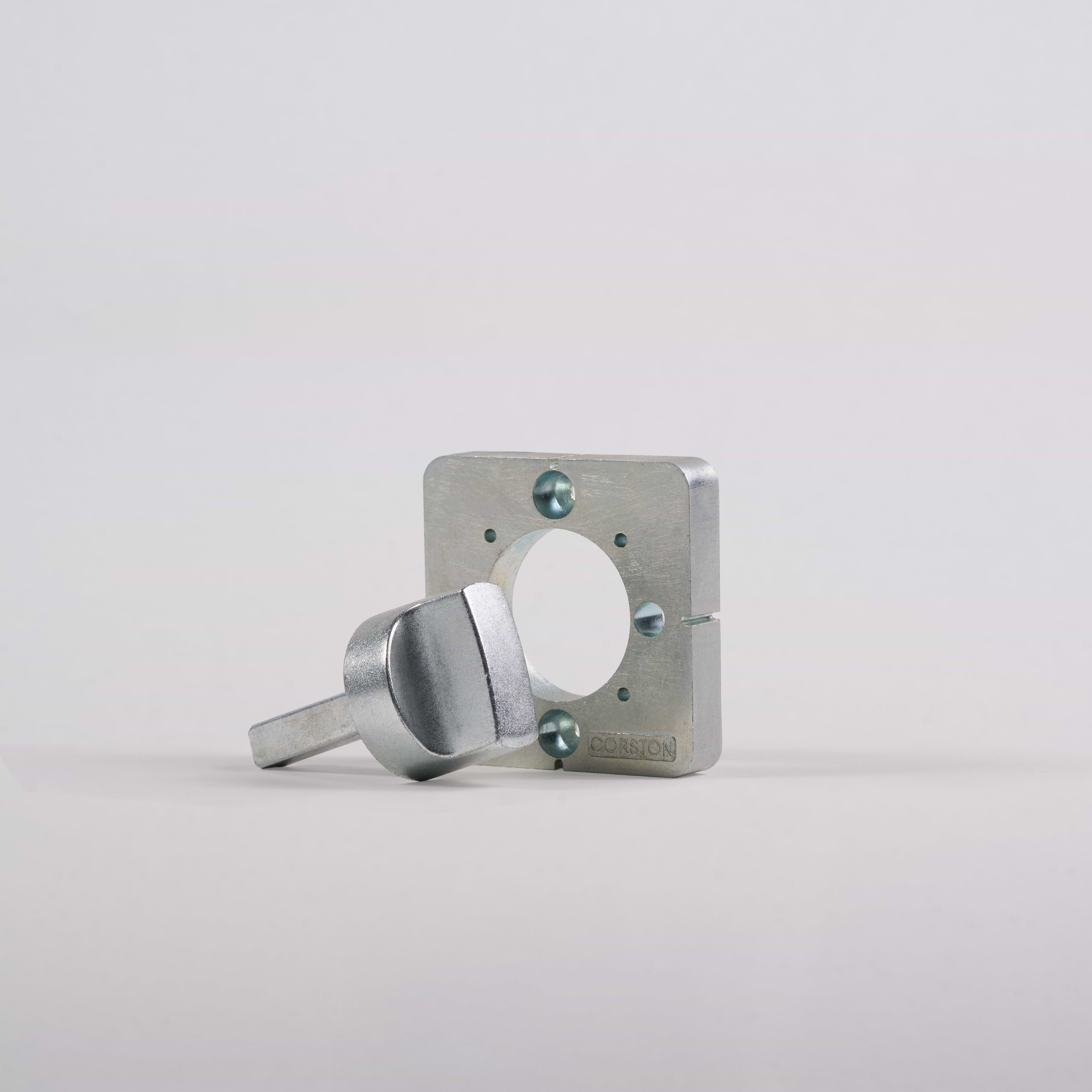 Door Handle Installation Tool with a square metal plate, circular hole, lever handle, and three screws.