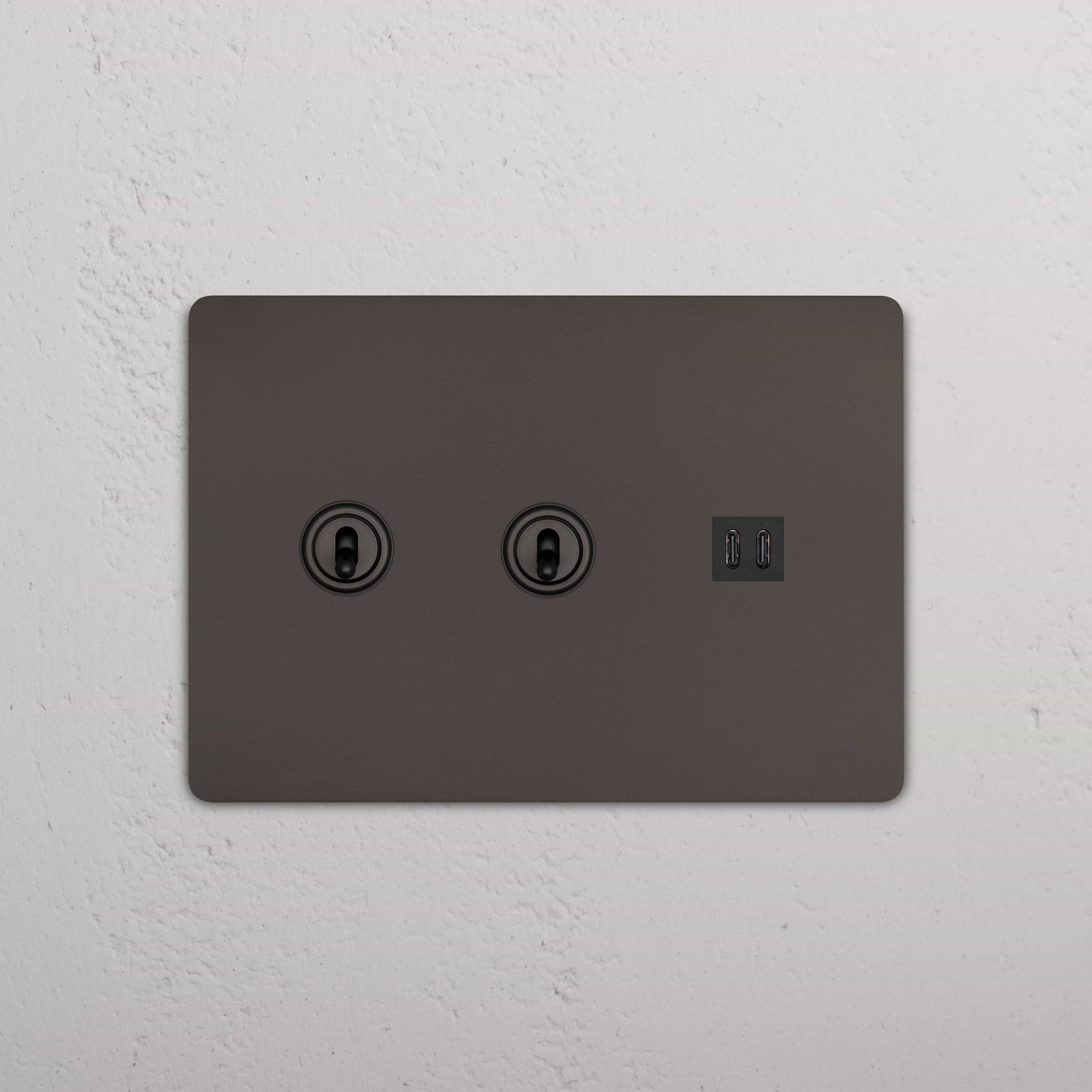 Grove 3G 2x Toggle Switch & Fast Charge USB wall plate in Bronze Black, with two toggles and two USB ports.