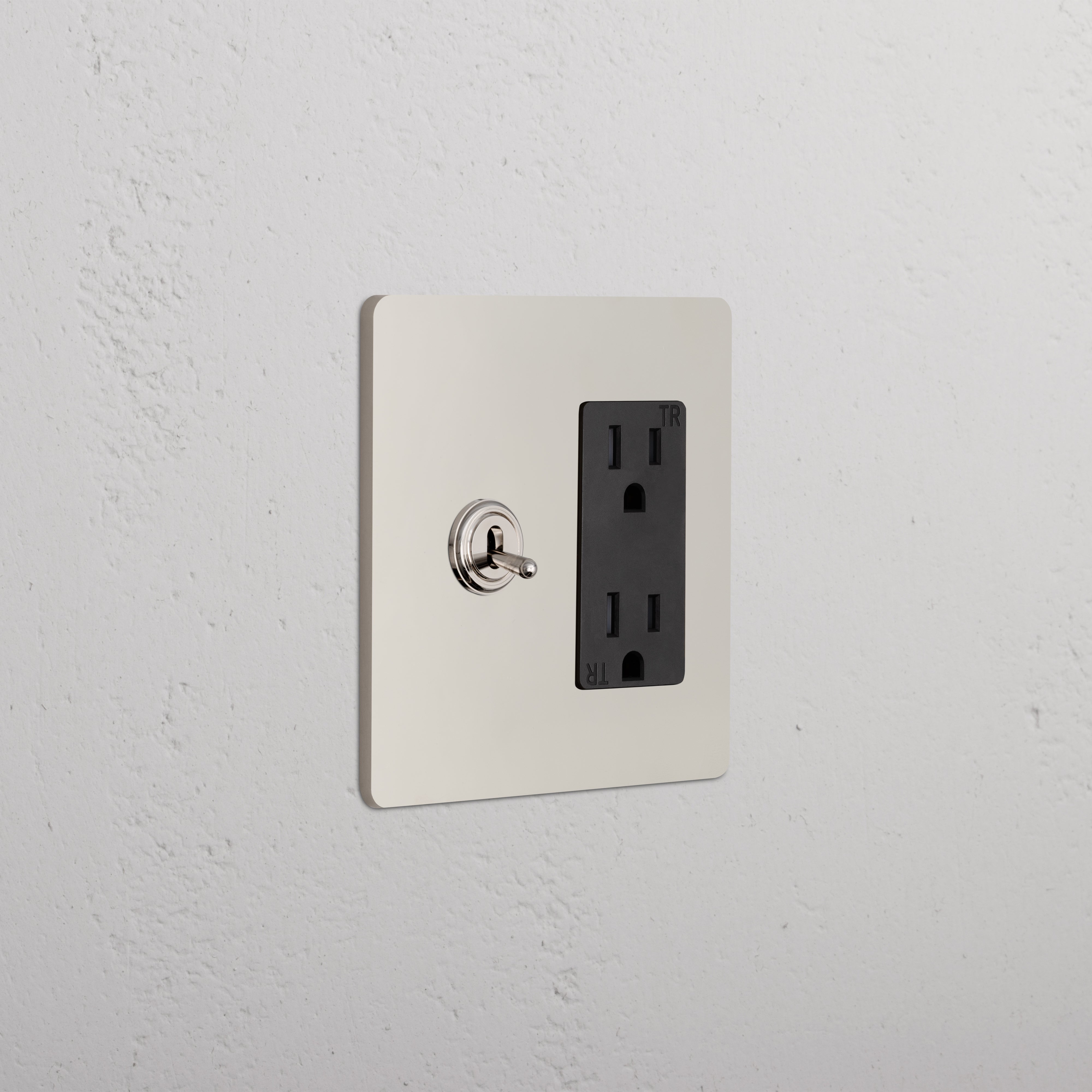 Grove 2G Toggle Switch & Outlet in polished nickel black with toggle switch and black duplex outlet on wall.