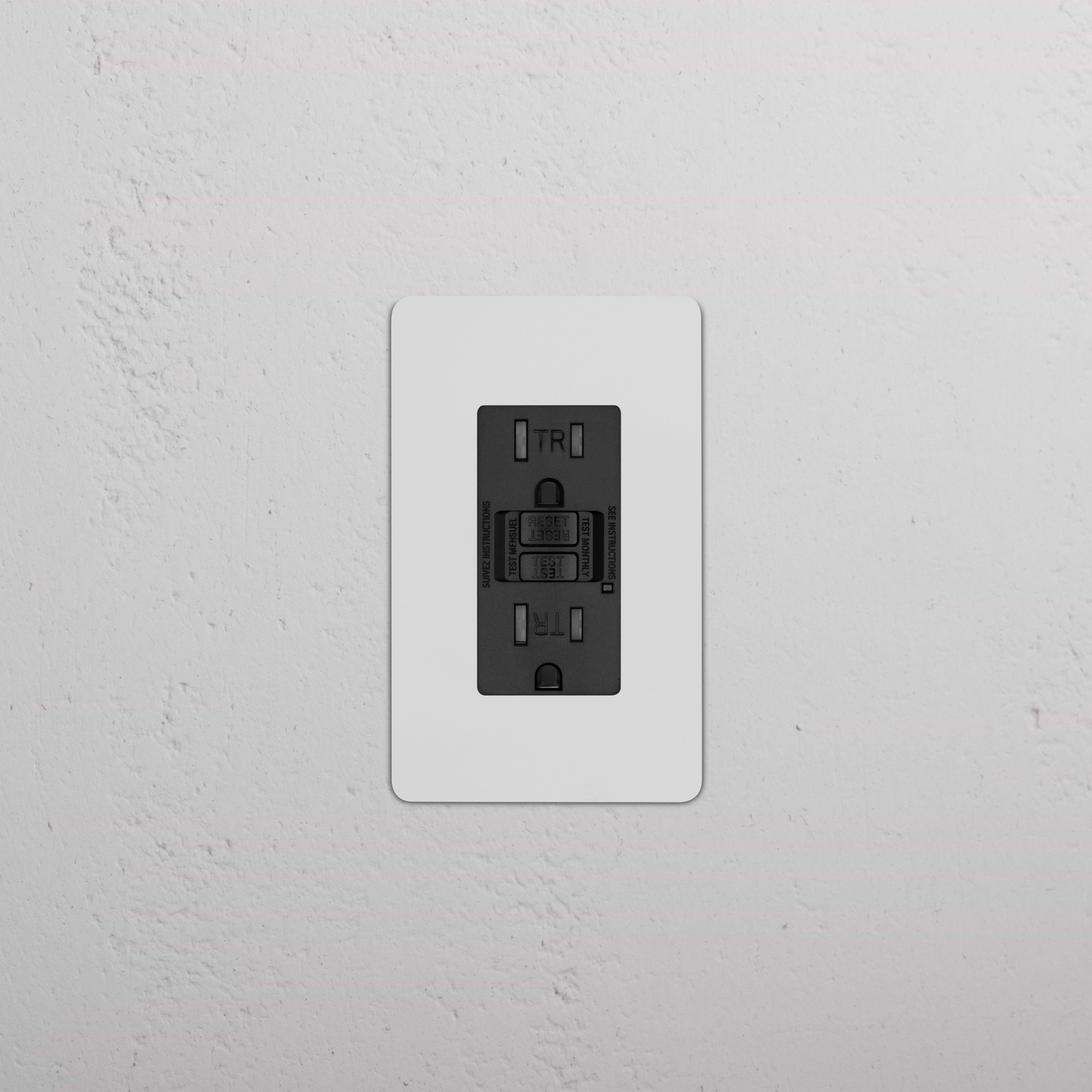 Kew 1G 15A GFCI Outlet in paintable black with test and reset buttons, two sockets, and ground slot.