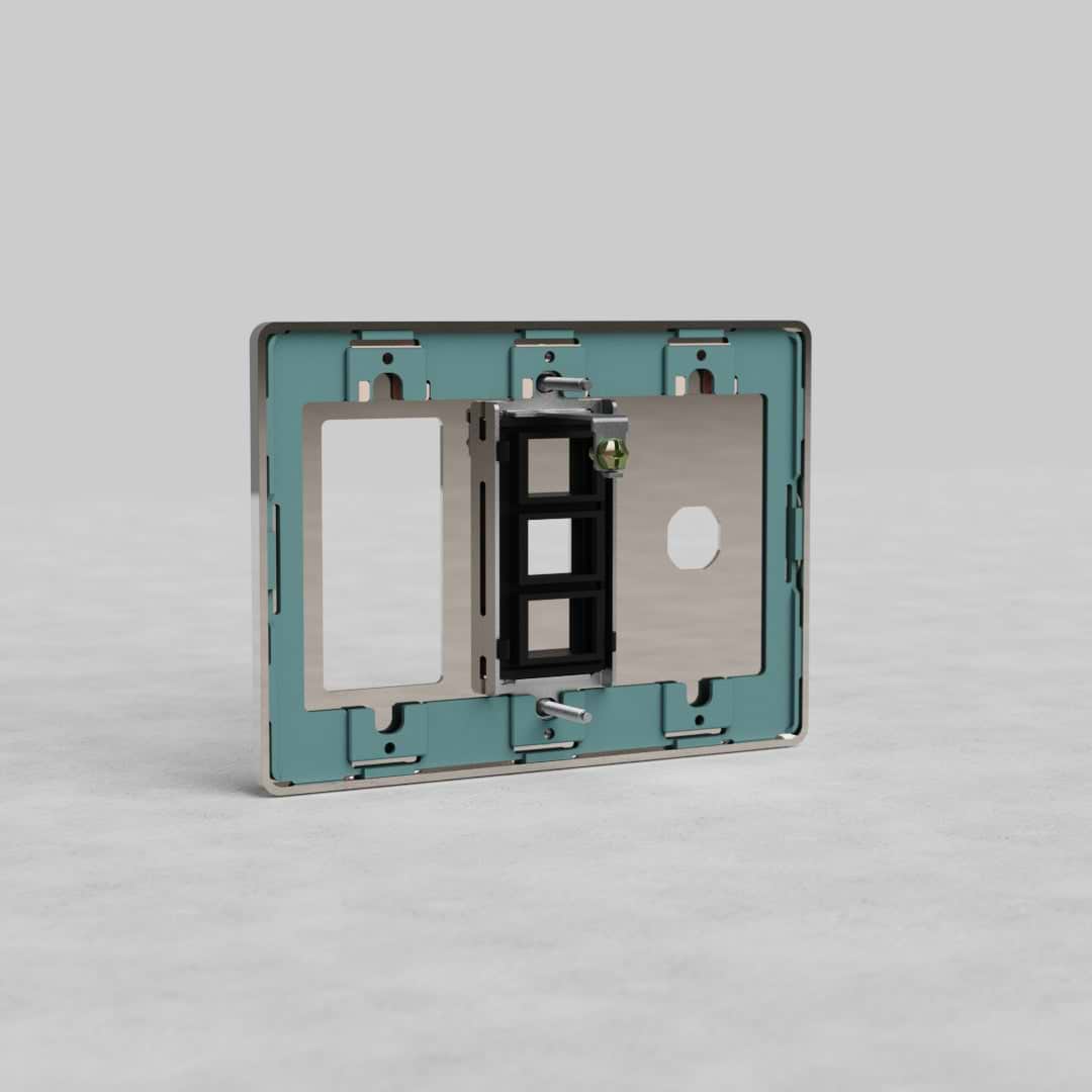 Polished nickel 3-gang outlet, keystone, and switch plate from Grove US with multiple openings.