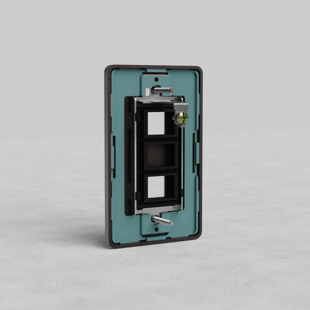 Bronze 1G 2x Keystone Plate Grove US, rectangular wall plate for two keystone modules, on gray background.