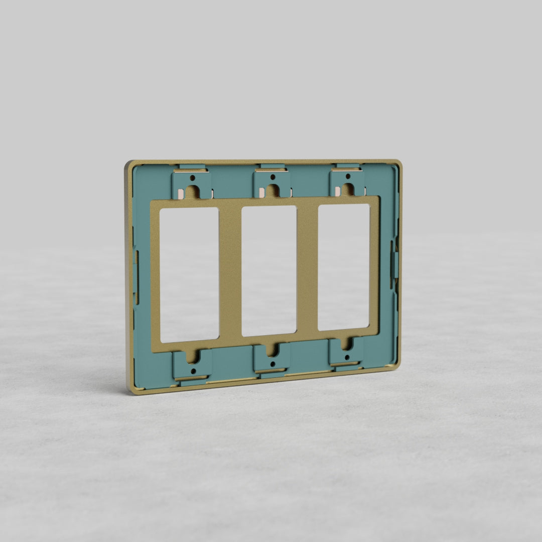 Three-gang Grove US outlet plate in antique brass finish, designed for electrical outlets.