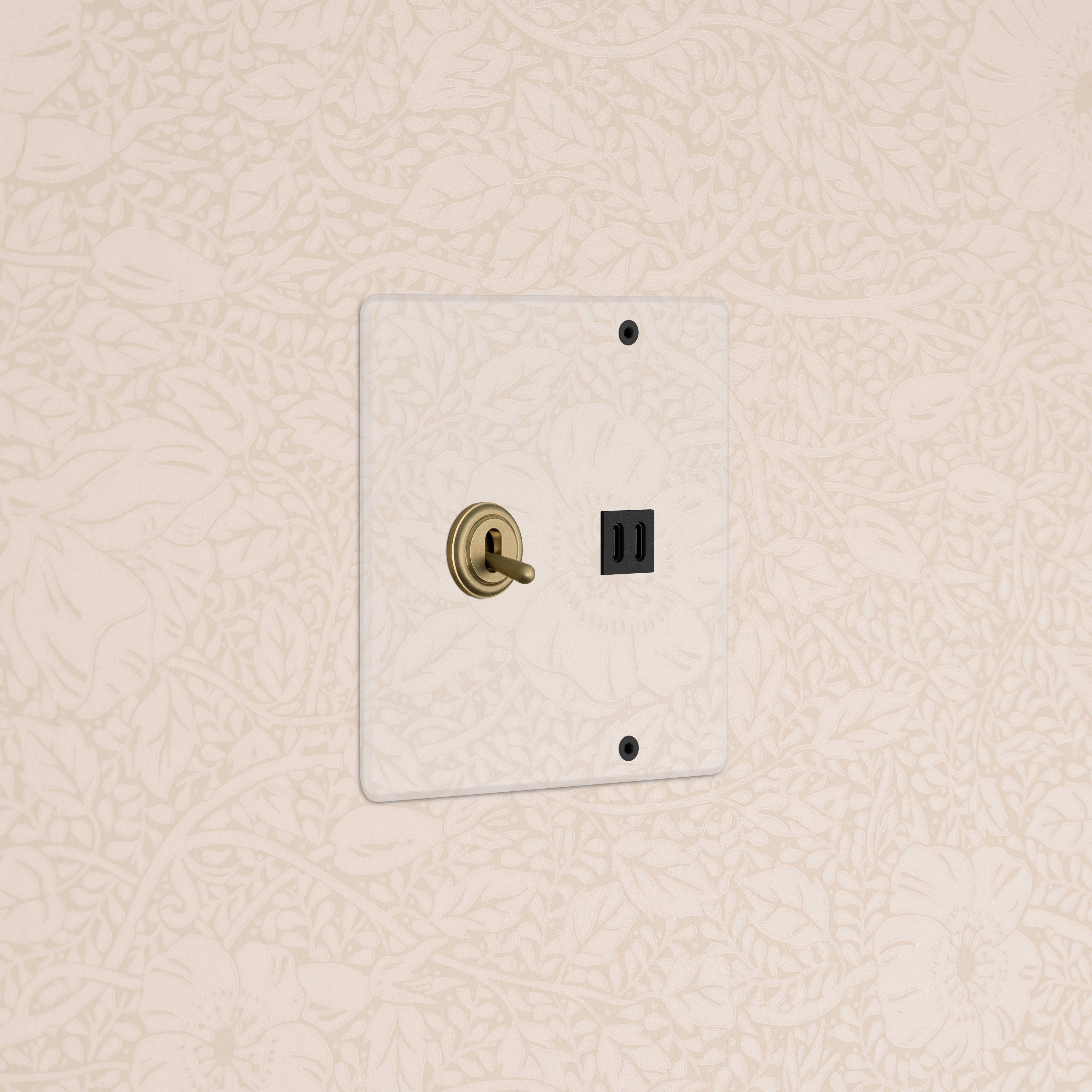 Kew 2G Toggle Switch & Fast Charge USB in Clear Antique Brass with black ports, mounted on cream floral wallpaper.