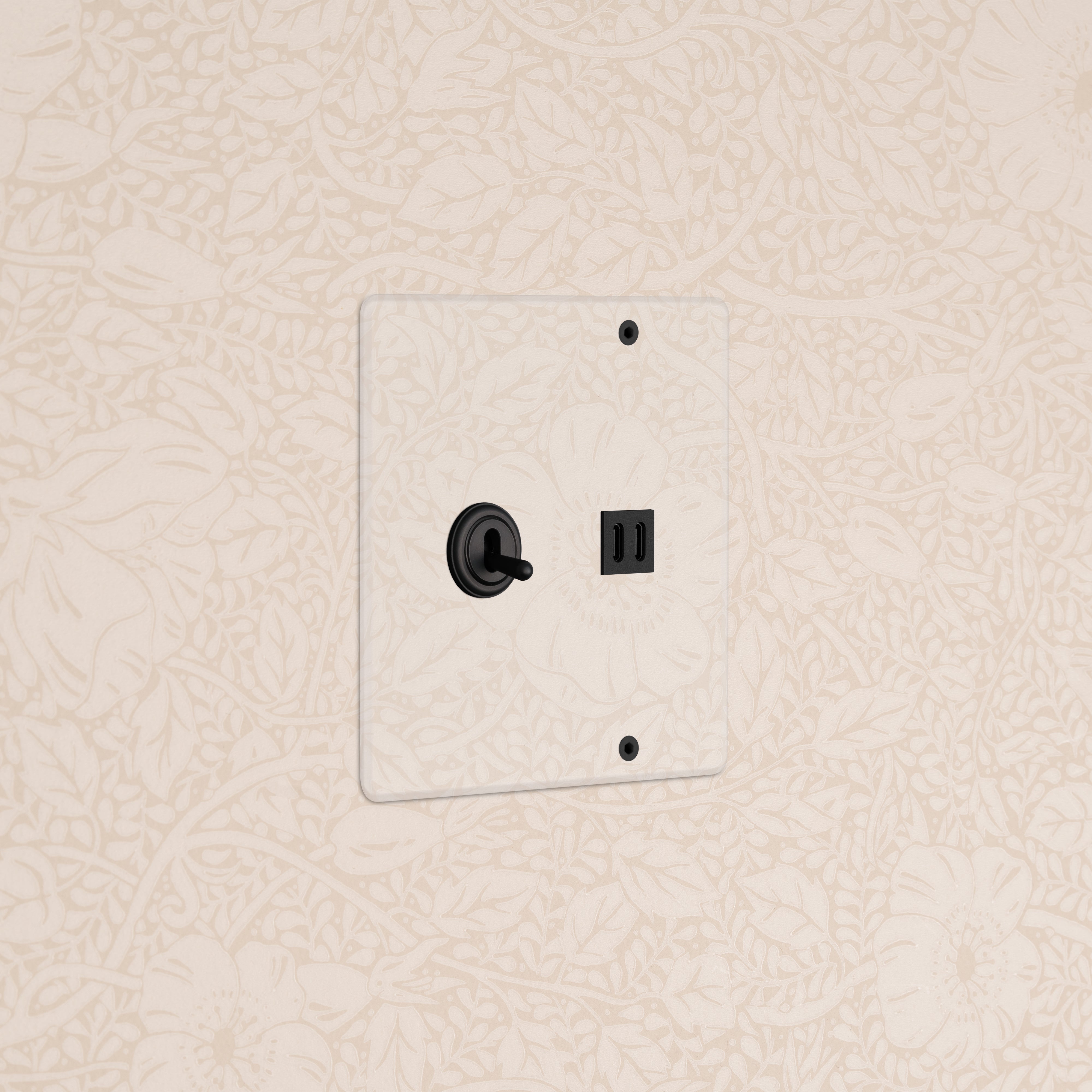 Kew 2G Toggle Switch & Fast Charge USB in Clear Bronze Black, mounted on light floral wallpaper.