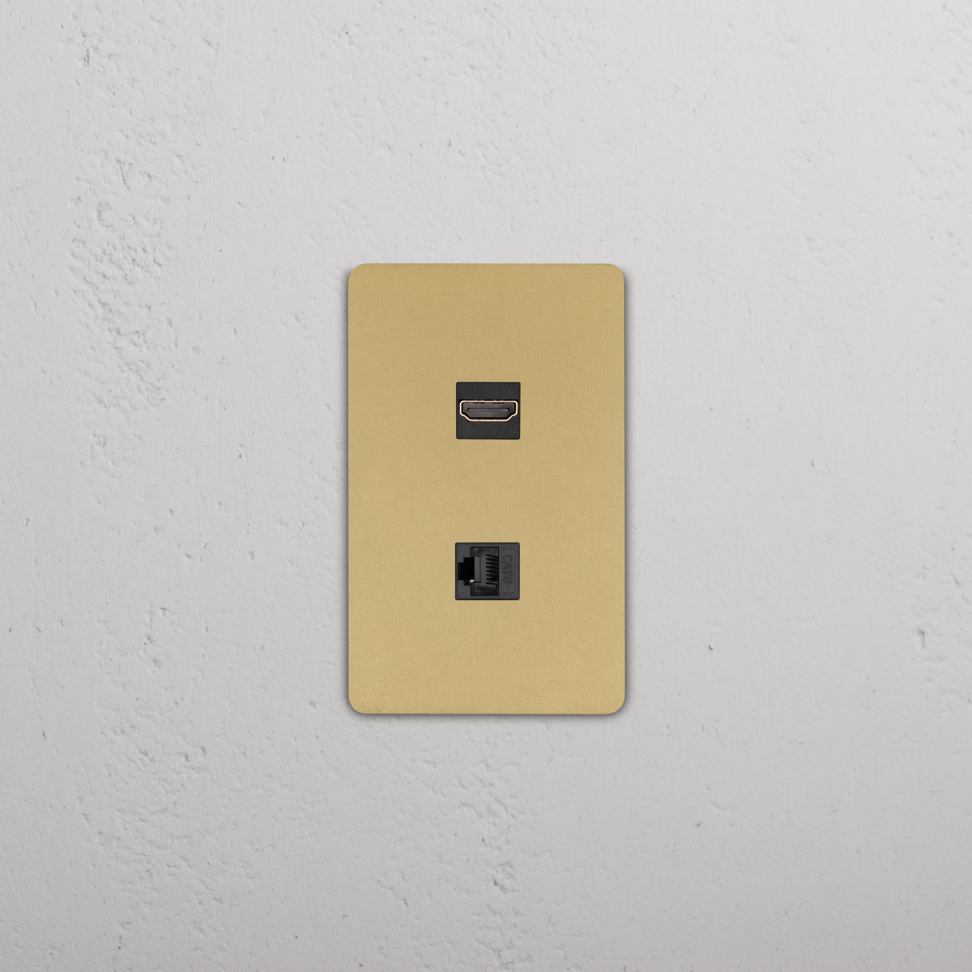 Grove 1G HDMI & CAT 6 Keystone wall plate in antique brass white with HDMI and Ethernet ports.