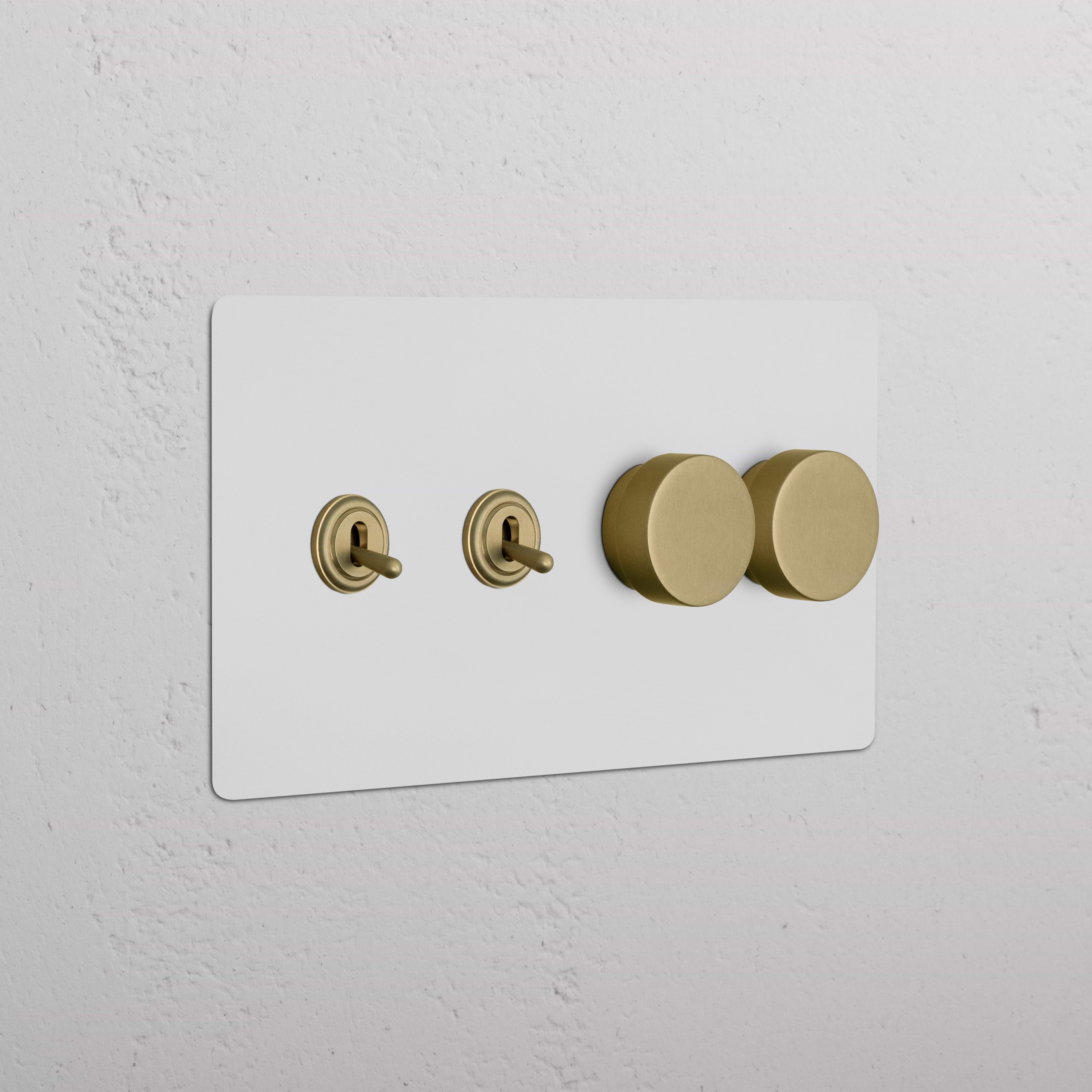 Kew 4G 2x Toggle & 2x Dimmer Switch in paintable antique brass, with two toggles and two rotary dimmers.