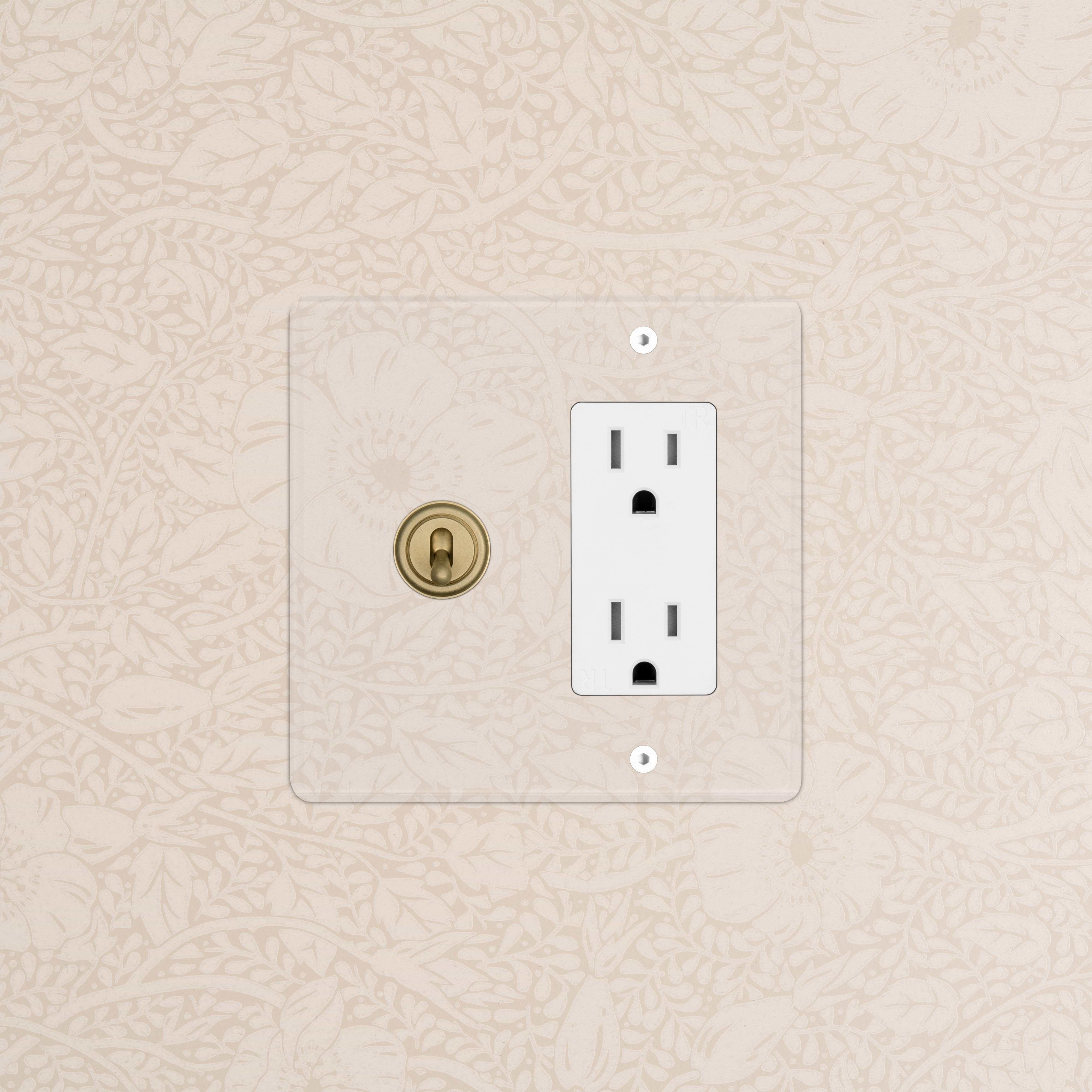 Kew 2G Toggle Switch & Outlet in Clear Antique Brass White, featuring two switches and two outlets.