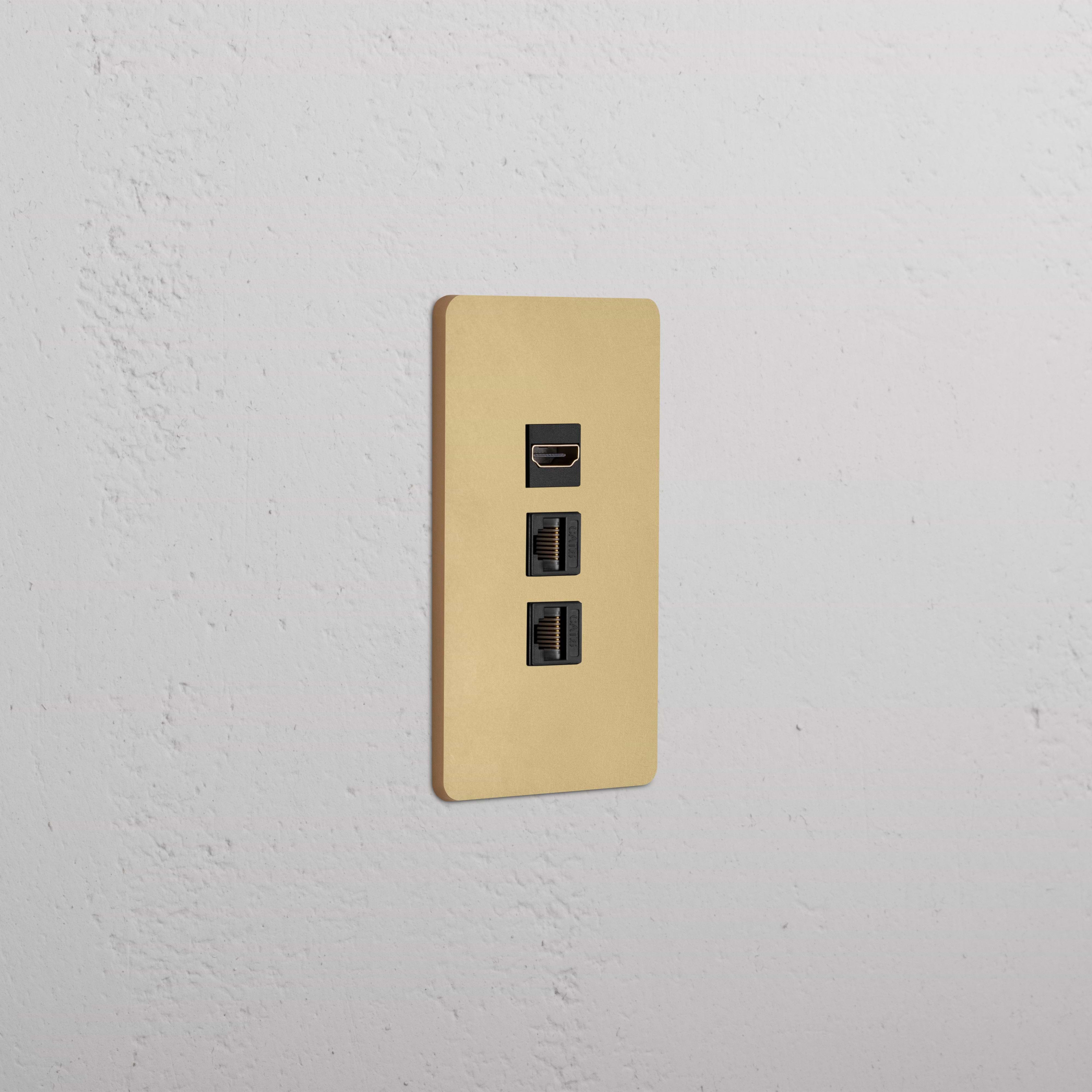 Grove 1G HDMI & 2x CAT6 Keystone wall plate in Antique Brass Black with one HDMI and two Ethernet ports.