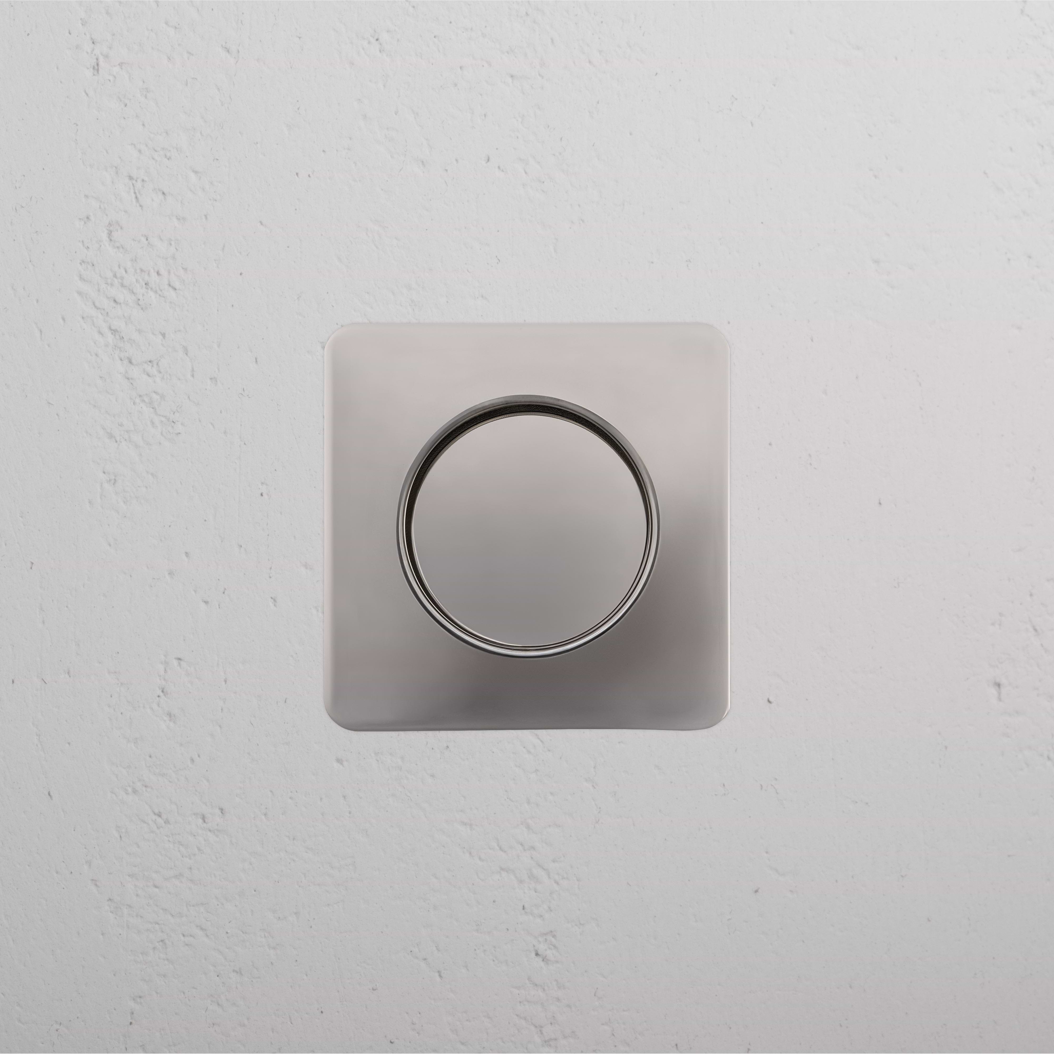 Regent Recessed Small Pull in polished nickel finish, square design with circular center for cabinetry or furniture.