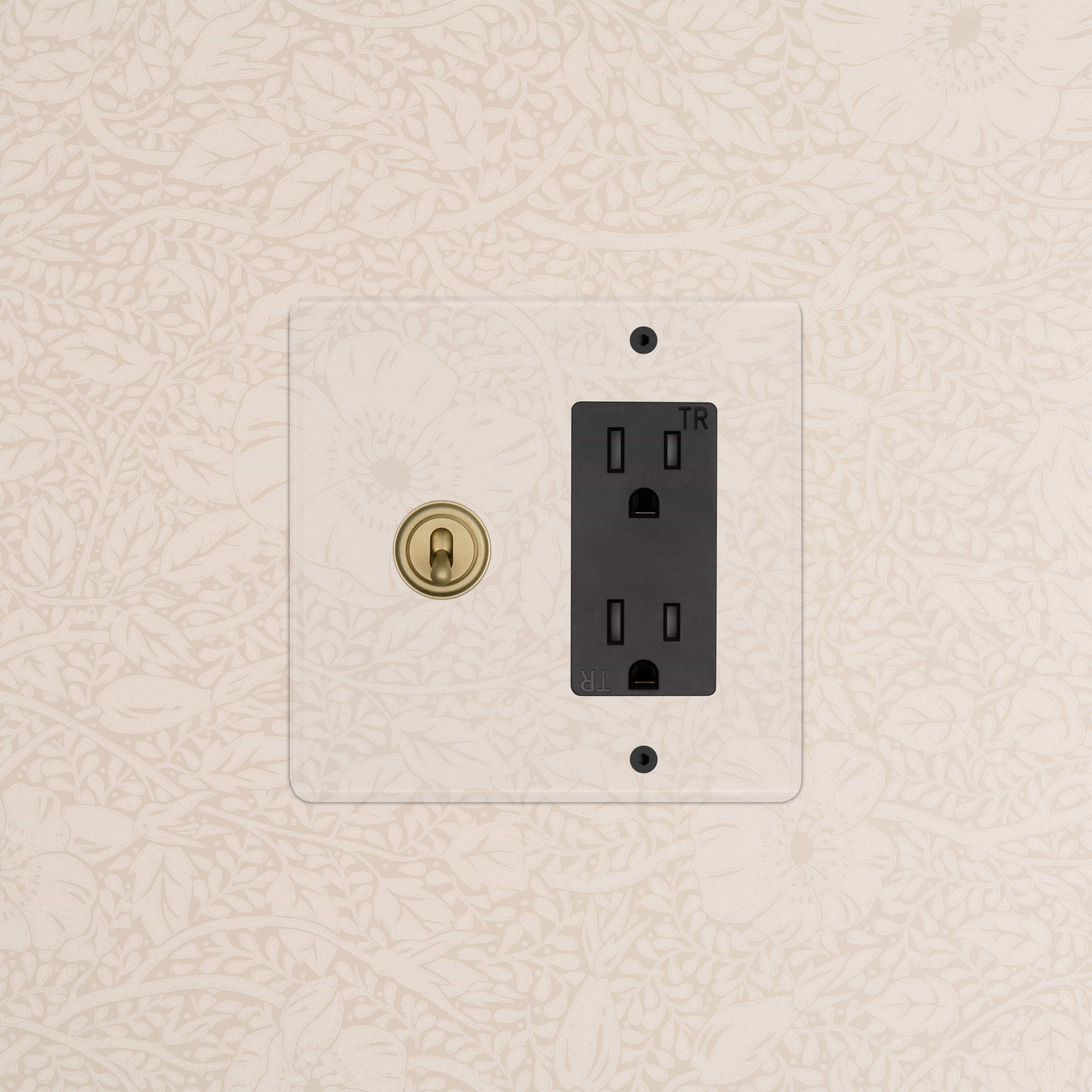 Kew 2G Toggle Switch & Outlet in black with clear antique brass plate, mounted on floral wallpapered wall.