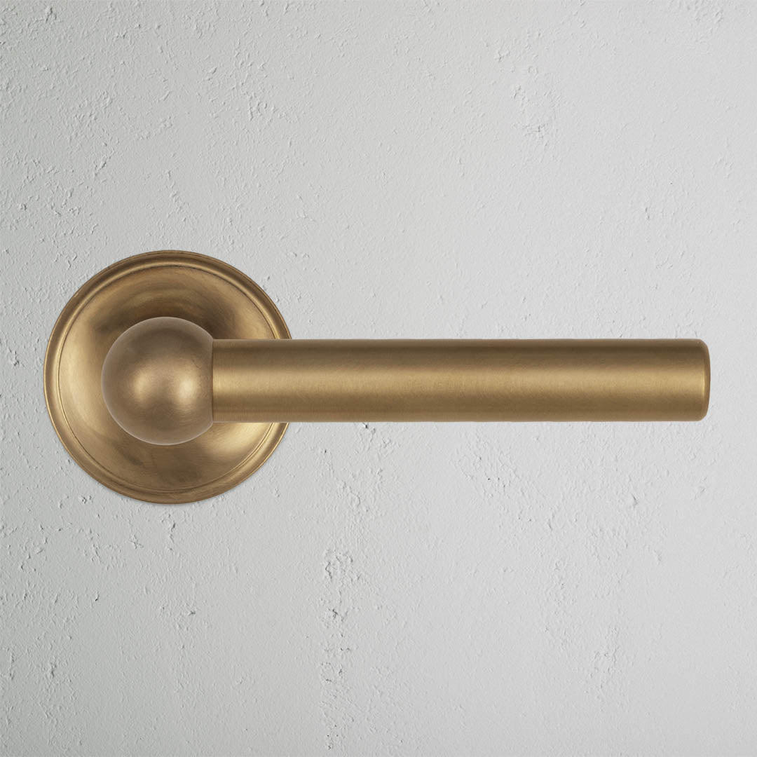 Harper Passage Door Handle Set in antique brass with round backplate, mounted on a white wall.