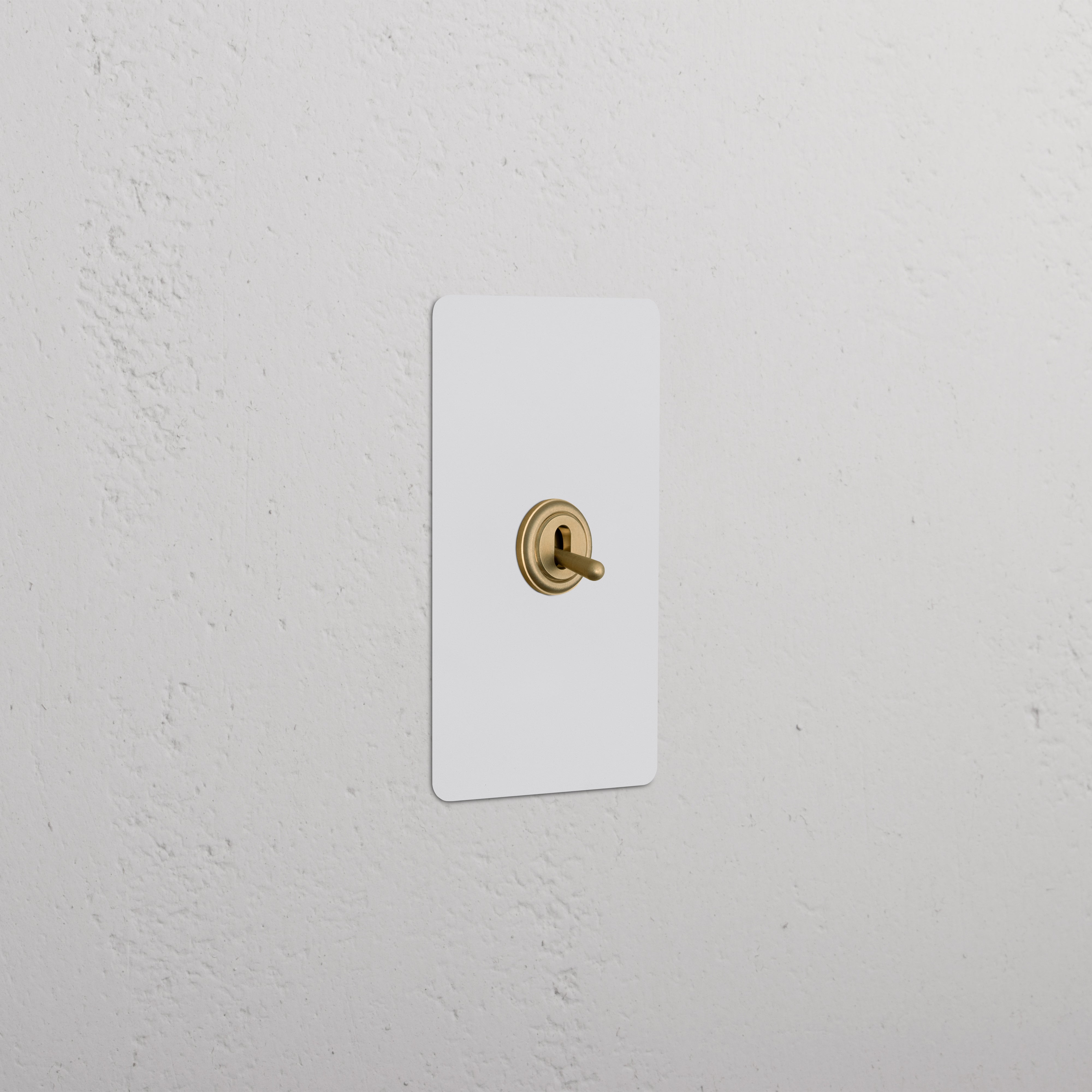 Kew 1G Toggle Switch in paintable antique brass with a white plate, mounted on a textured white wall.