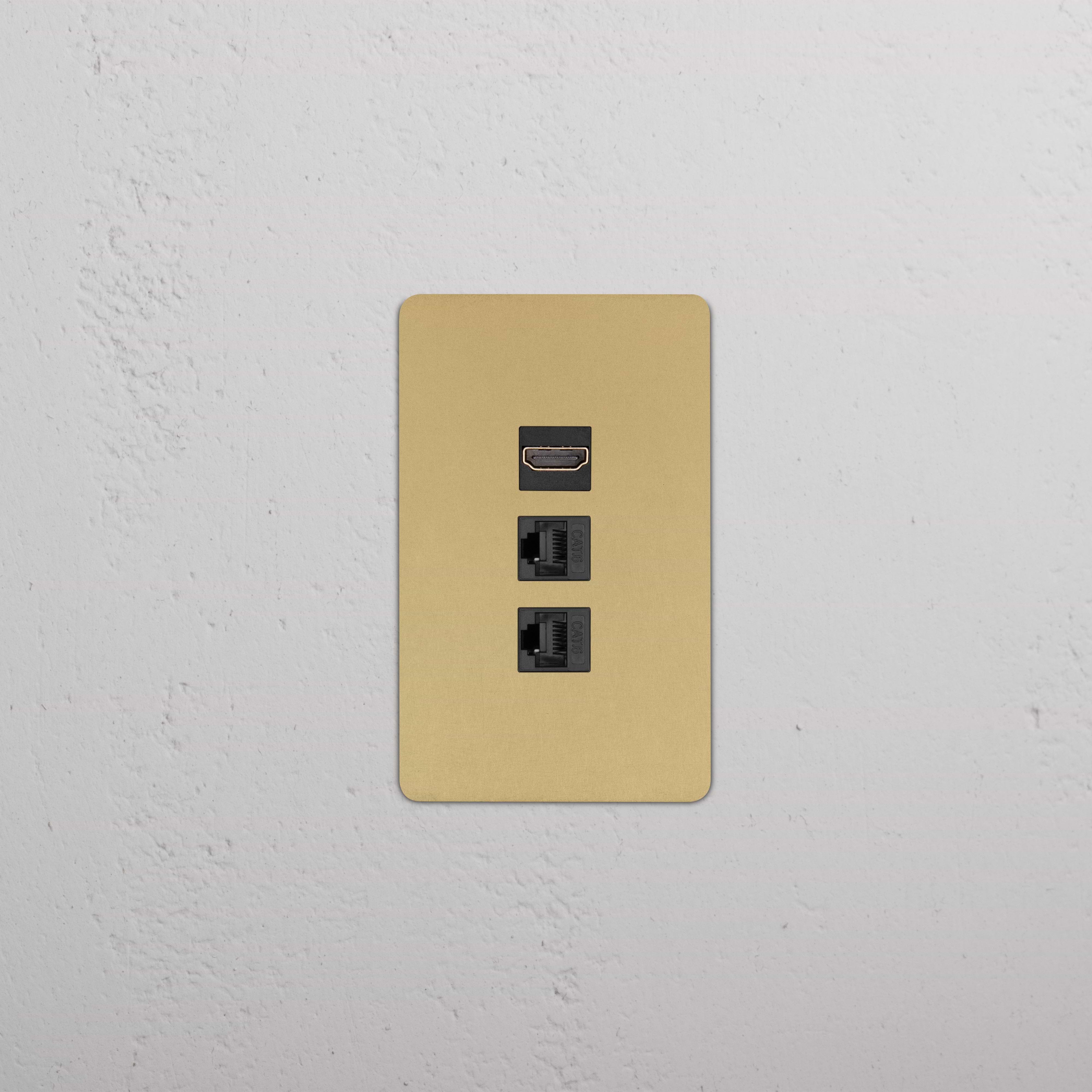 Kew 1G HDMI & 2x CAT6 Keystone wall plate in Antique Brass Black with one HDMI and two black Ethernet ports.