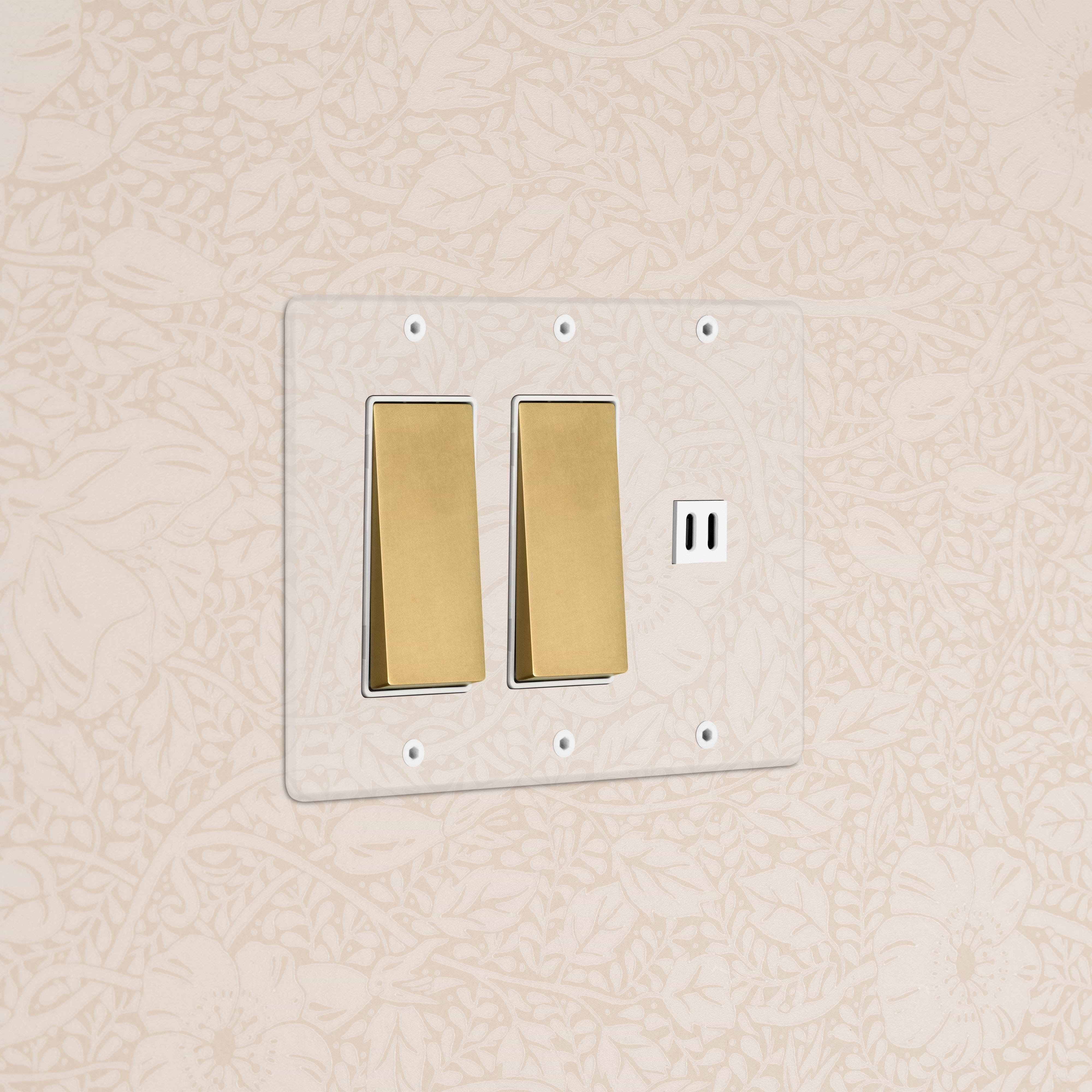 Kew 3G 2x Rocker Switch & Fast Charge USB in clear antique brass and white on a floral wallpapered wall.
