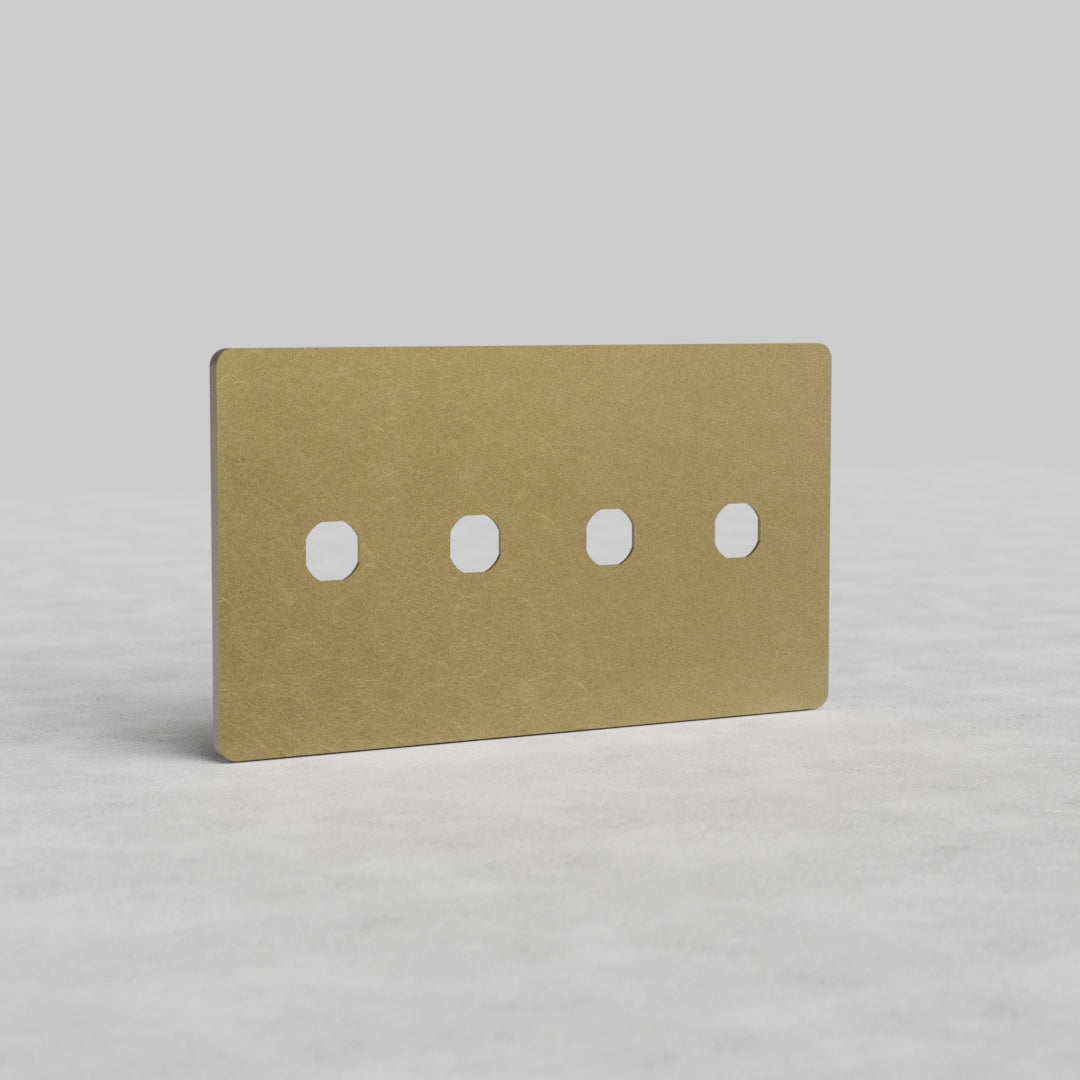 Rectangular 4-gang Antique Brass switch plate with four circular switch cutouts, Grove US style.