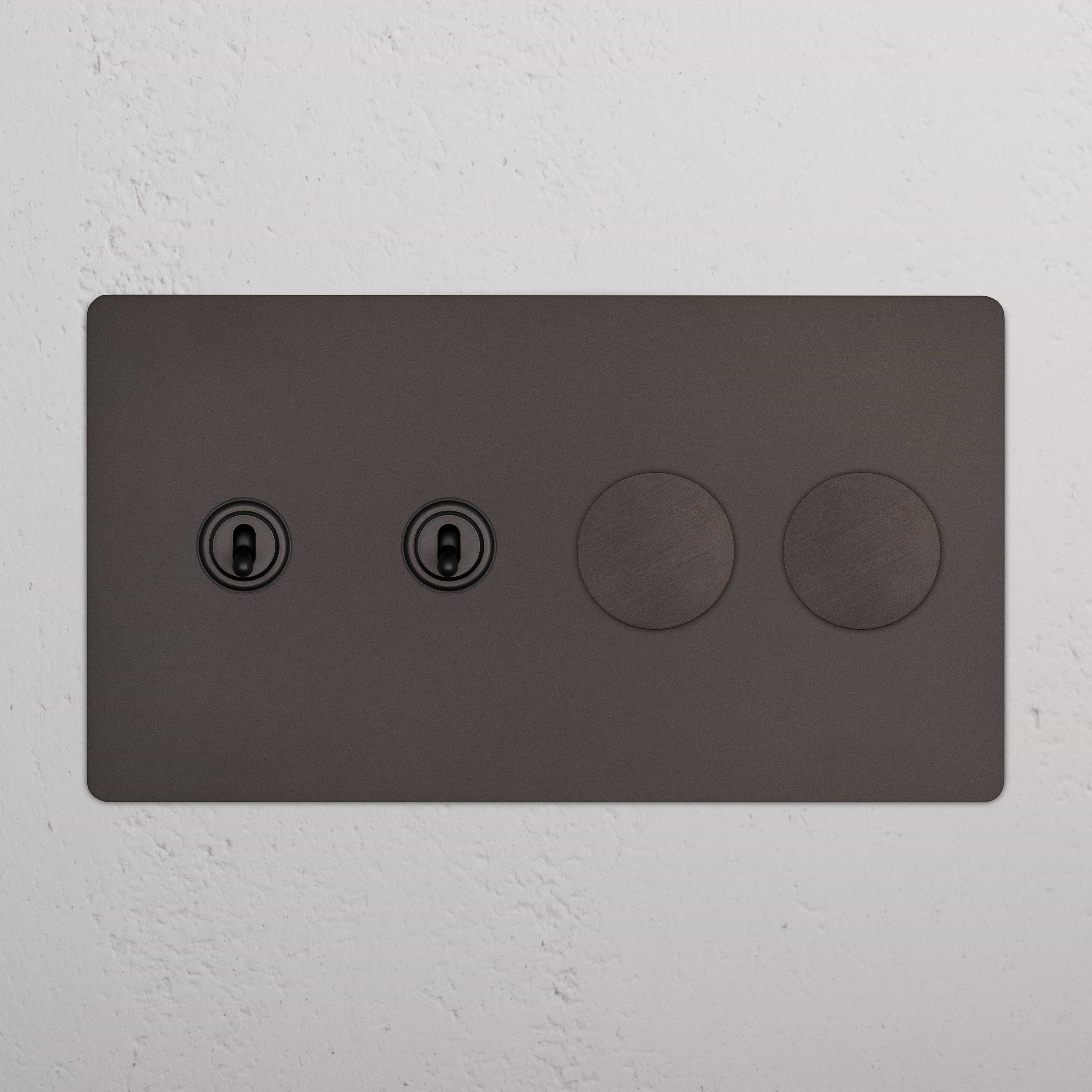 Kew 4G 2x Toggle & 2x Dimmer Switch in bronze finish, rectangular panel with two toggles and two dimmers.