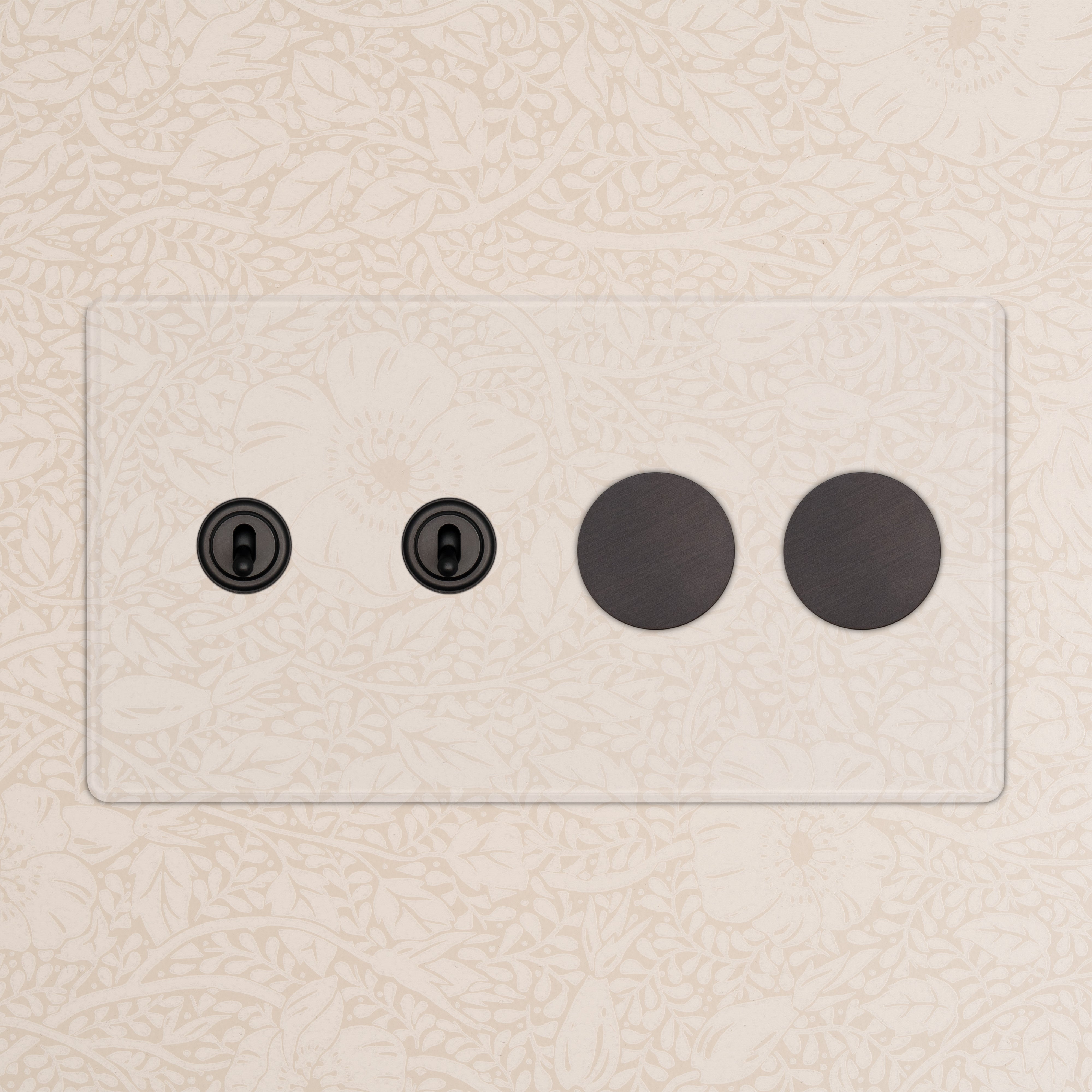 Kew 4G 2x Toggle & 2x Dimmer Switch in Clear Bronze with two toggles and two round dimmer knobs on panel.