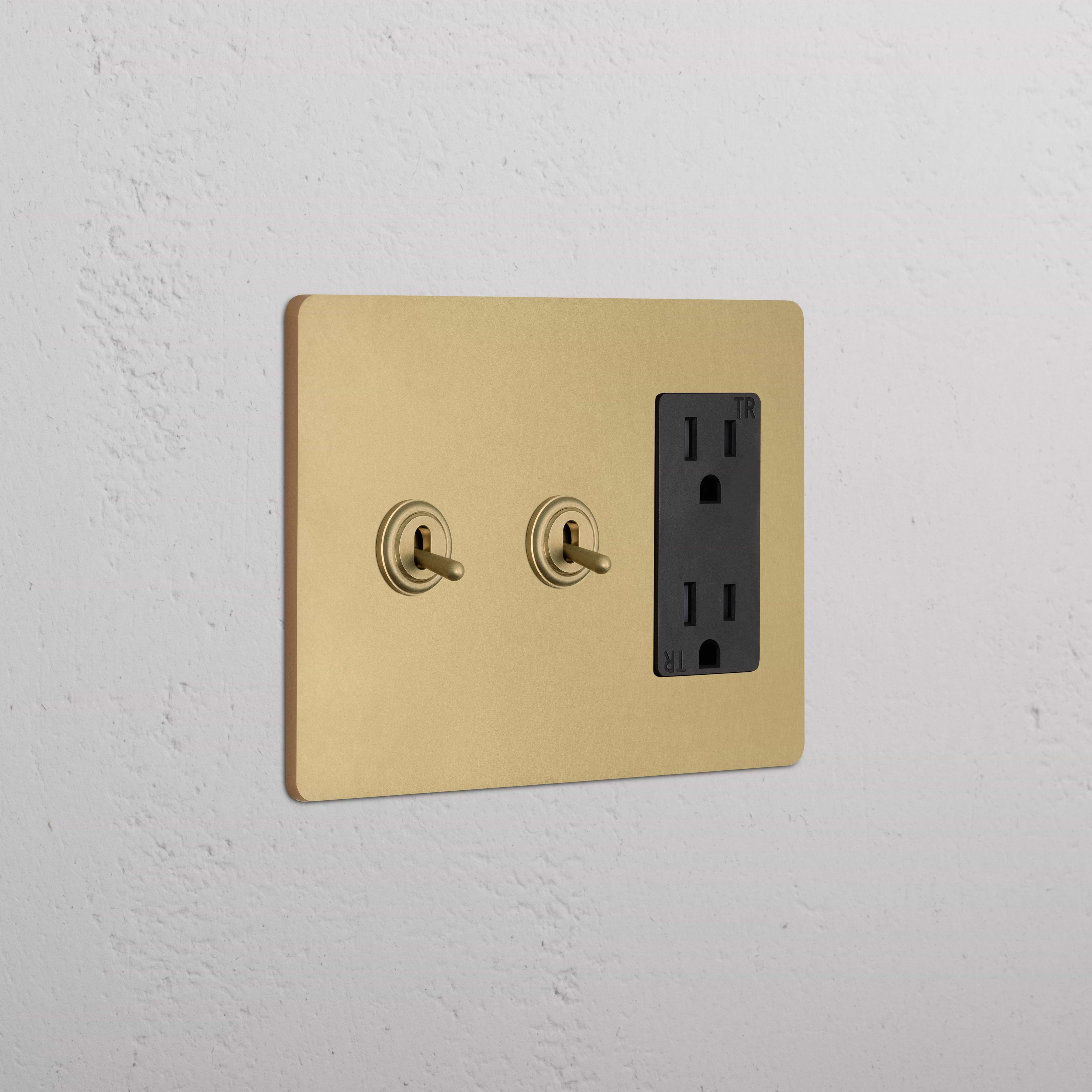 Grove 3G 2x Toggle Switch & Outlet in antique brass black with two toggles and one outlet on a white wall.