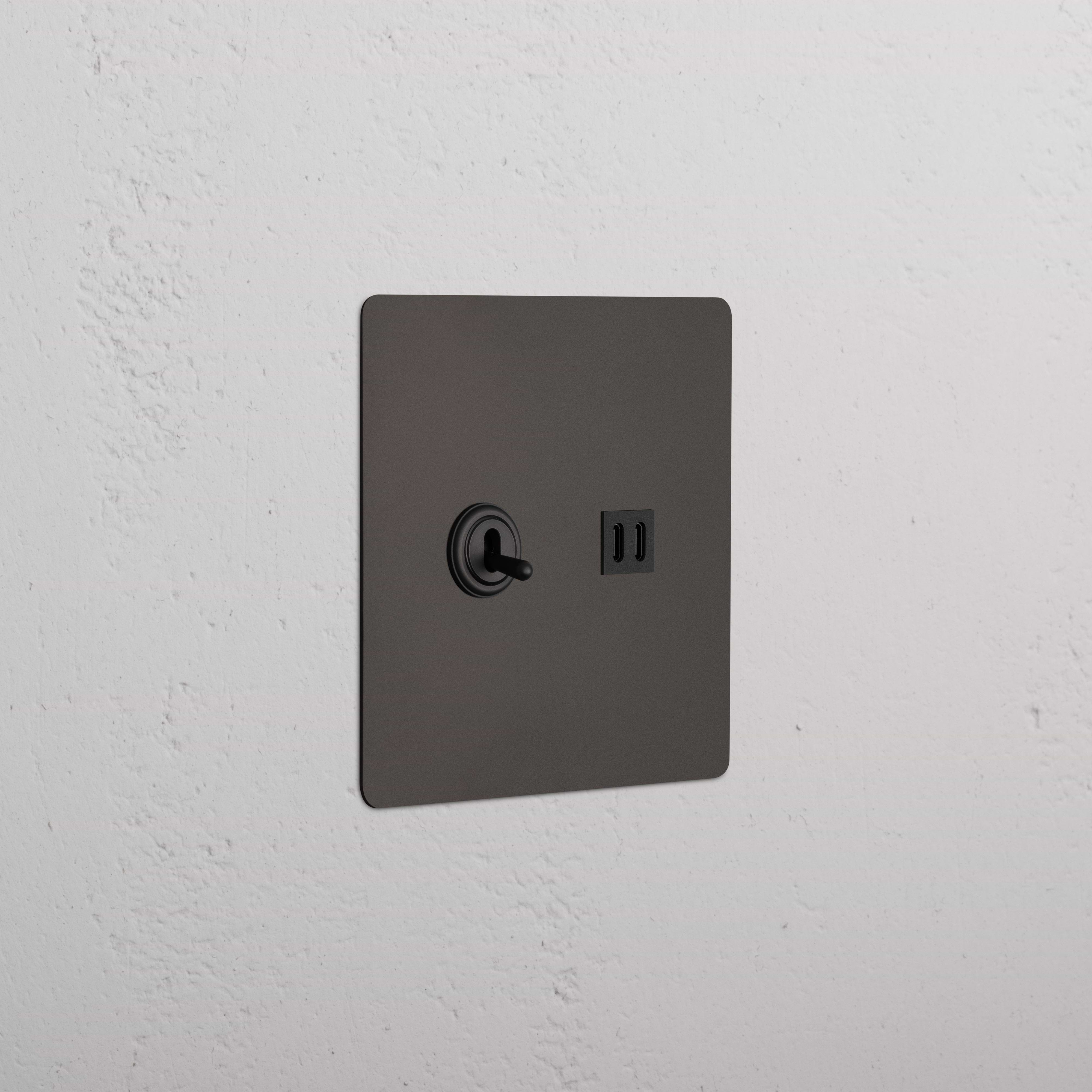 Kew 2G Toggle Switch & Fast Charge USB in bronze black with toggle levers and USB ports on a white wall.