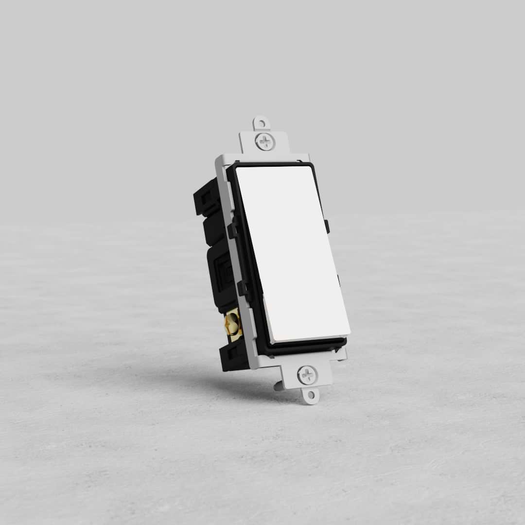 Retractive Rocker Switch in polished nickel black with rectangular white faceplate, shown on a gray background.
