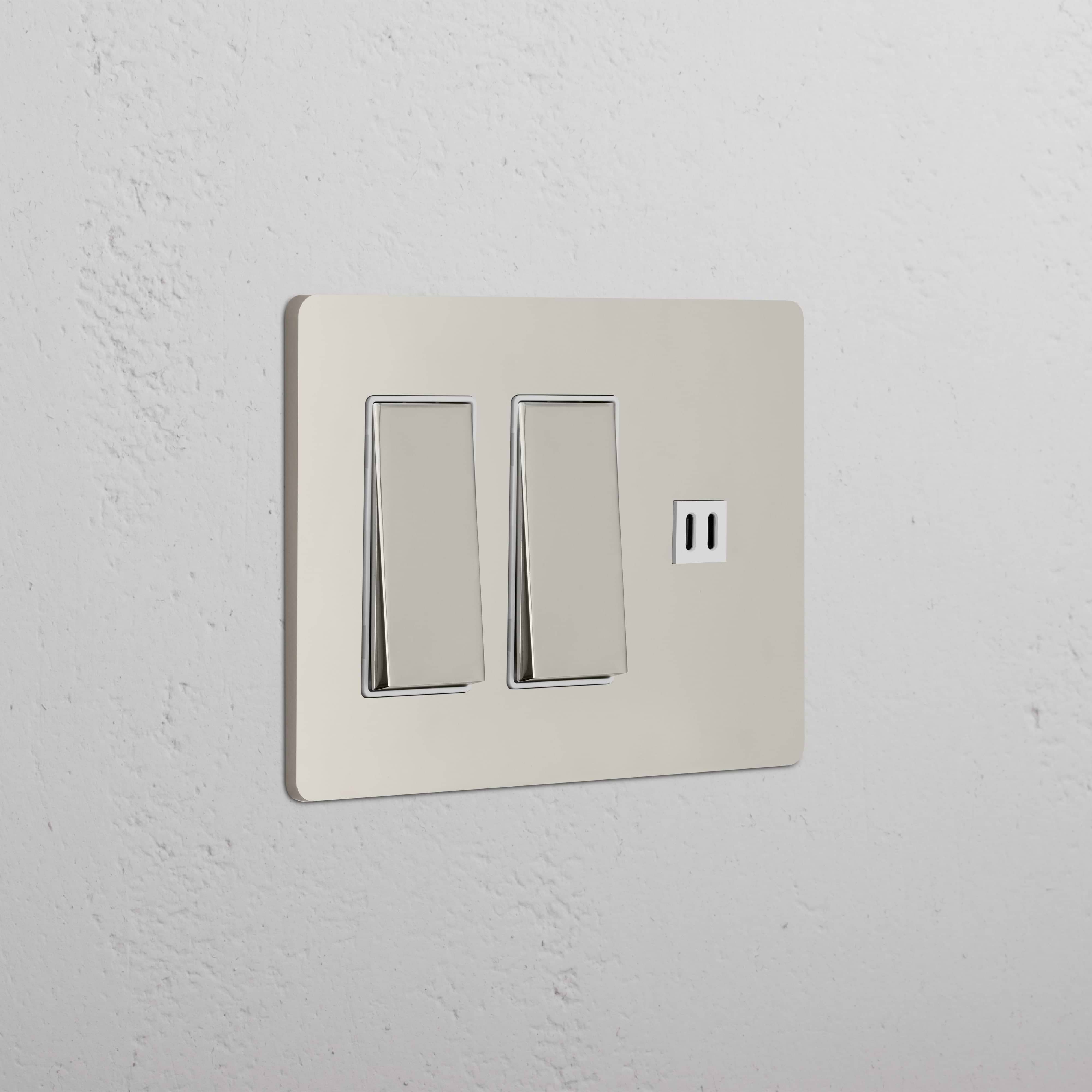 Grove 3G 2x Rocker Switch & Fast Charge USB in polished nickel white, shown on a white wall.