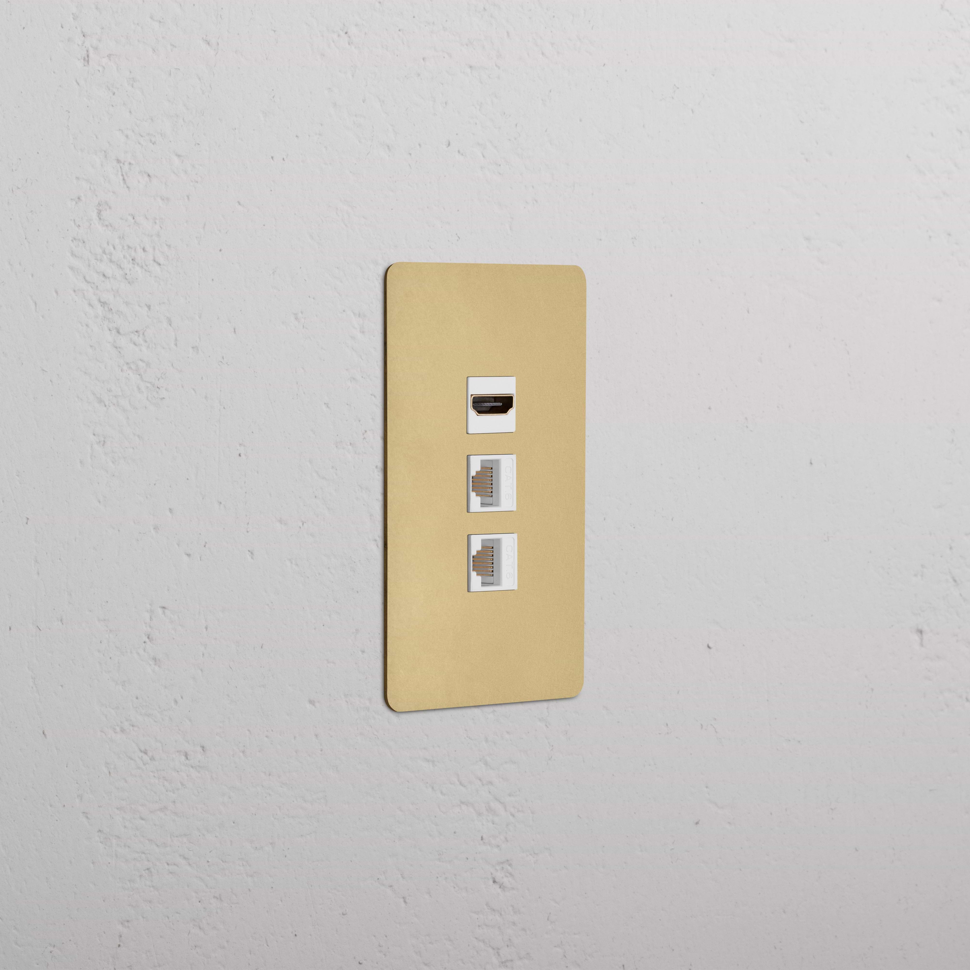 Kew 1G HDMI & 2x CAT6 Keystone faceplate in Antique Brass White with one HDMI and two Ethernet ports.
