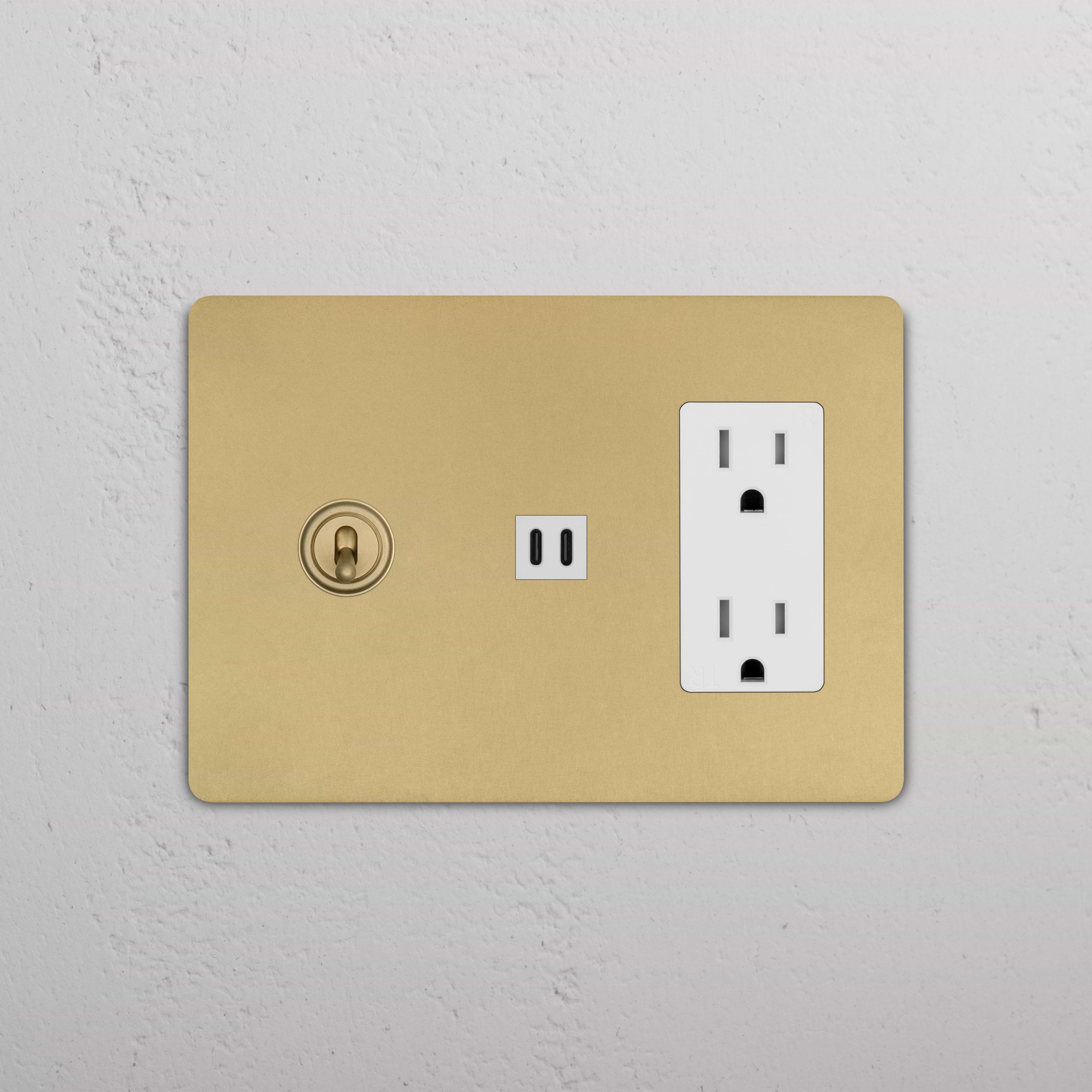 Antique brass Grove 3G toggle switch, outlet, and fast charge USB on white plate mounted on wall.