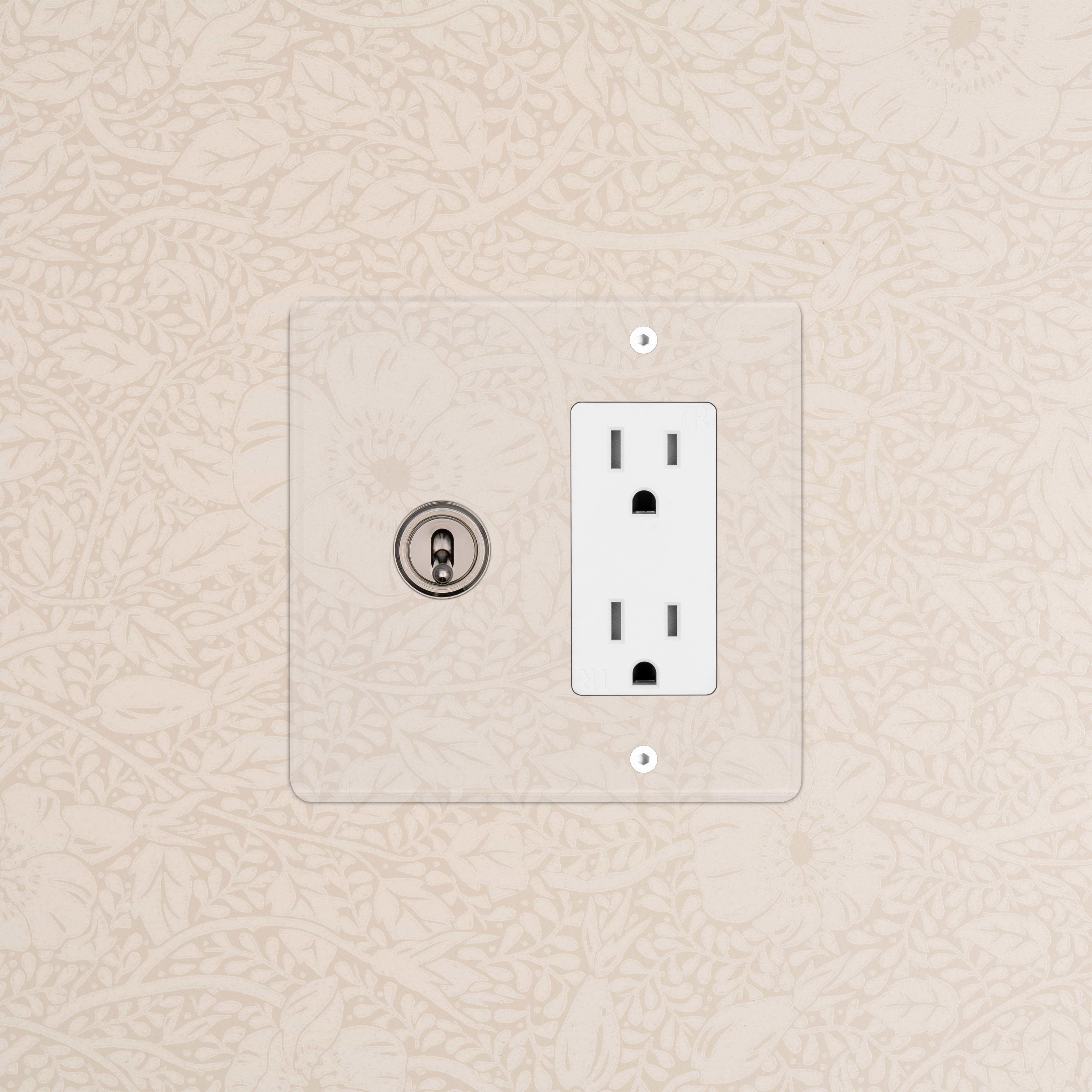Kew 2G Toggle Switch & Outlet in clear polished nickel and white finish, mounted on floral wallpaper.