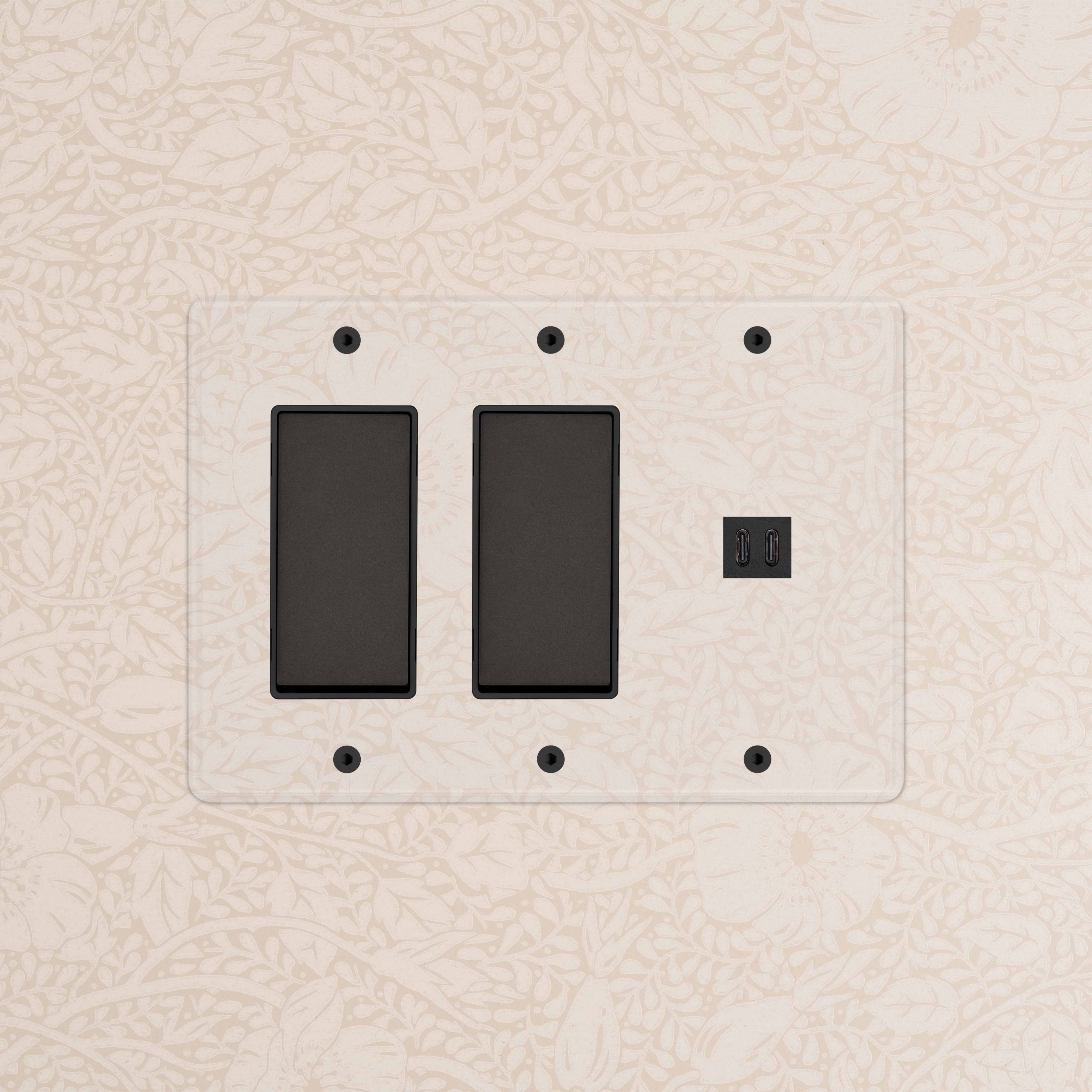 Kew 3G 2x Rocker Switch & Fast Charge USB in Clear Bronze Black with two black switches and dual USB ports.