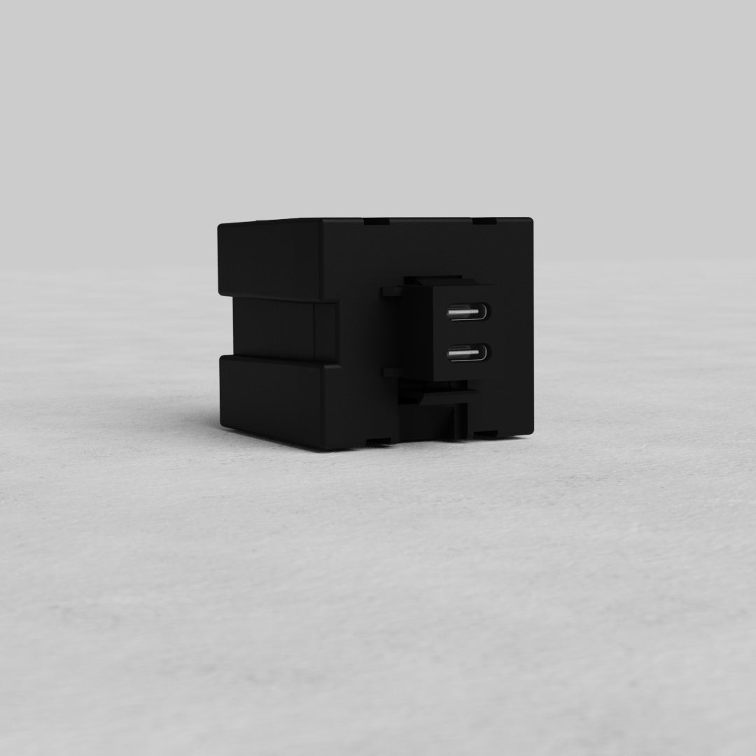 Black 65W Fast Charge Keystone Module with dual USB-C ports, displayed on a flat gray surface.