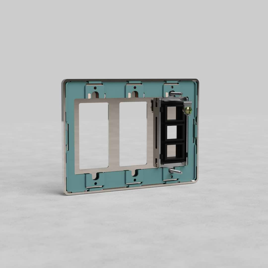 Polished nickel wall plate, Grove US style, with two outlet and keystone openings for modular electrical use.
