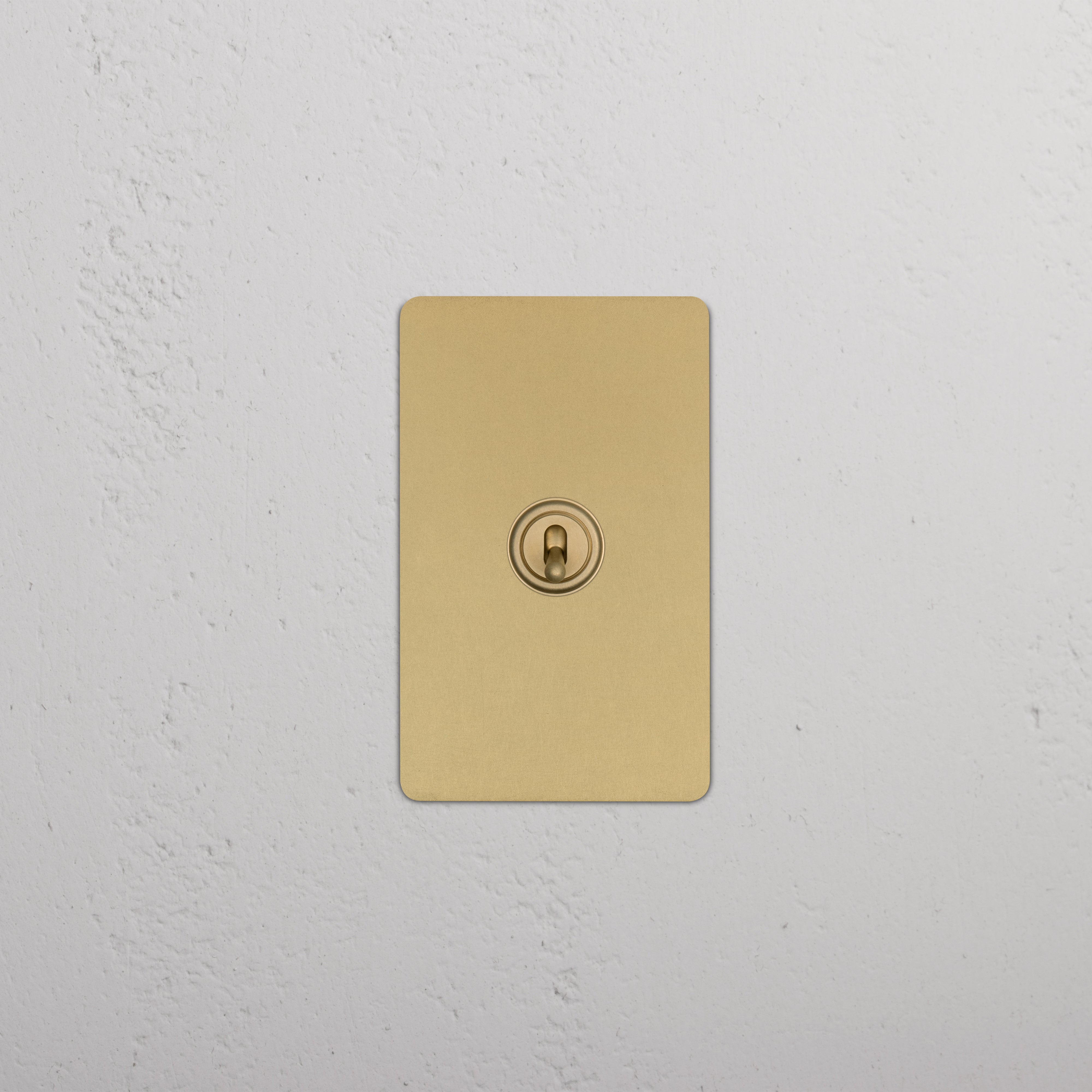 Kew 1G Dimming Retractive Toggle Switch in Antique Brass, mounted on a white textured wall.
