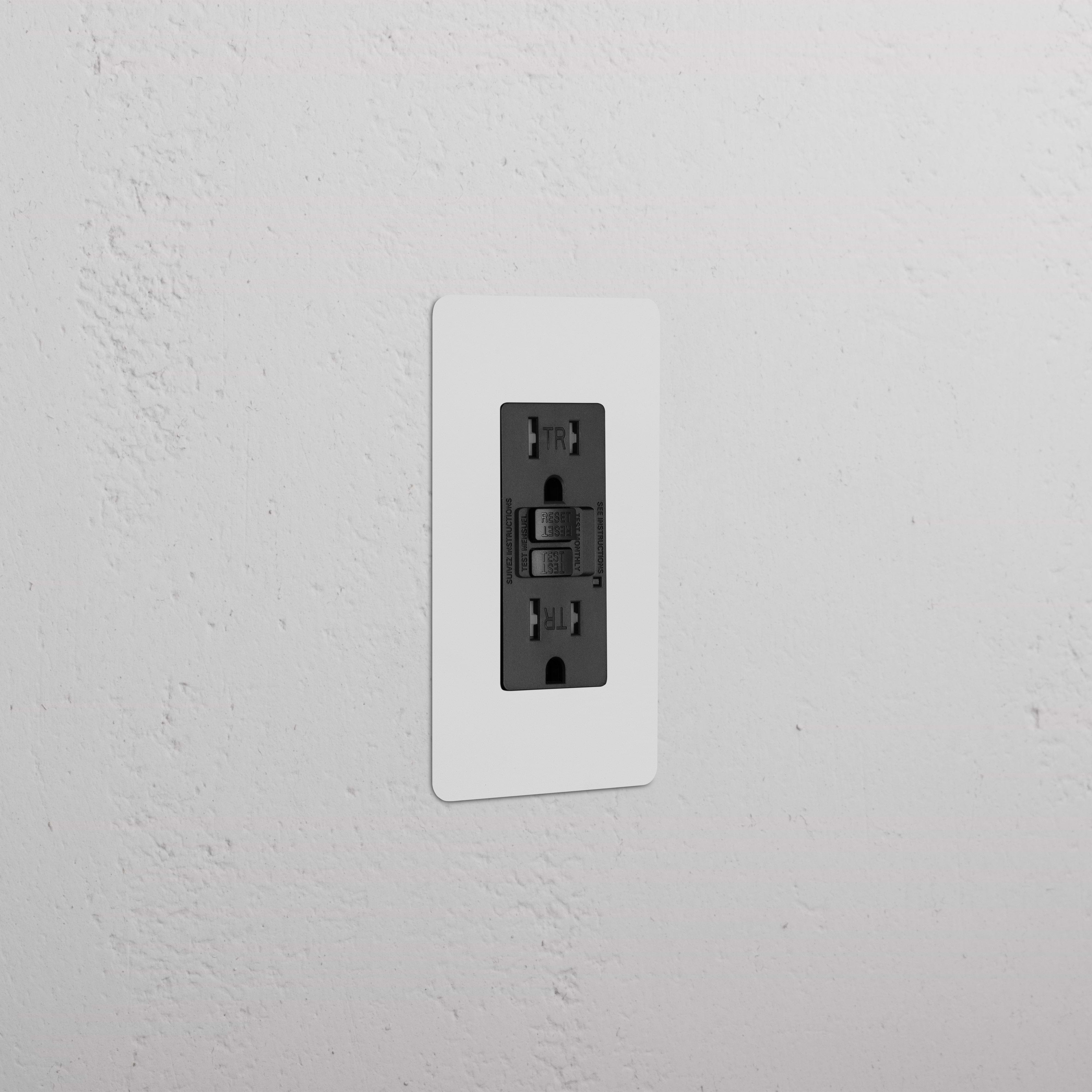 Kew 1G 15A GFCI Outlet in paintable black with white faceplate, two sockets, and reset/test buttons.