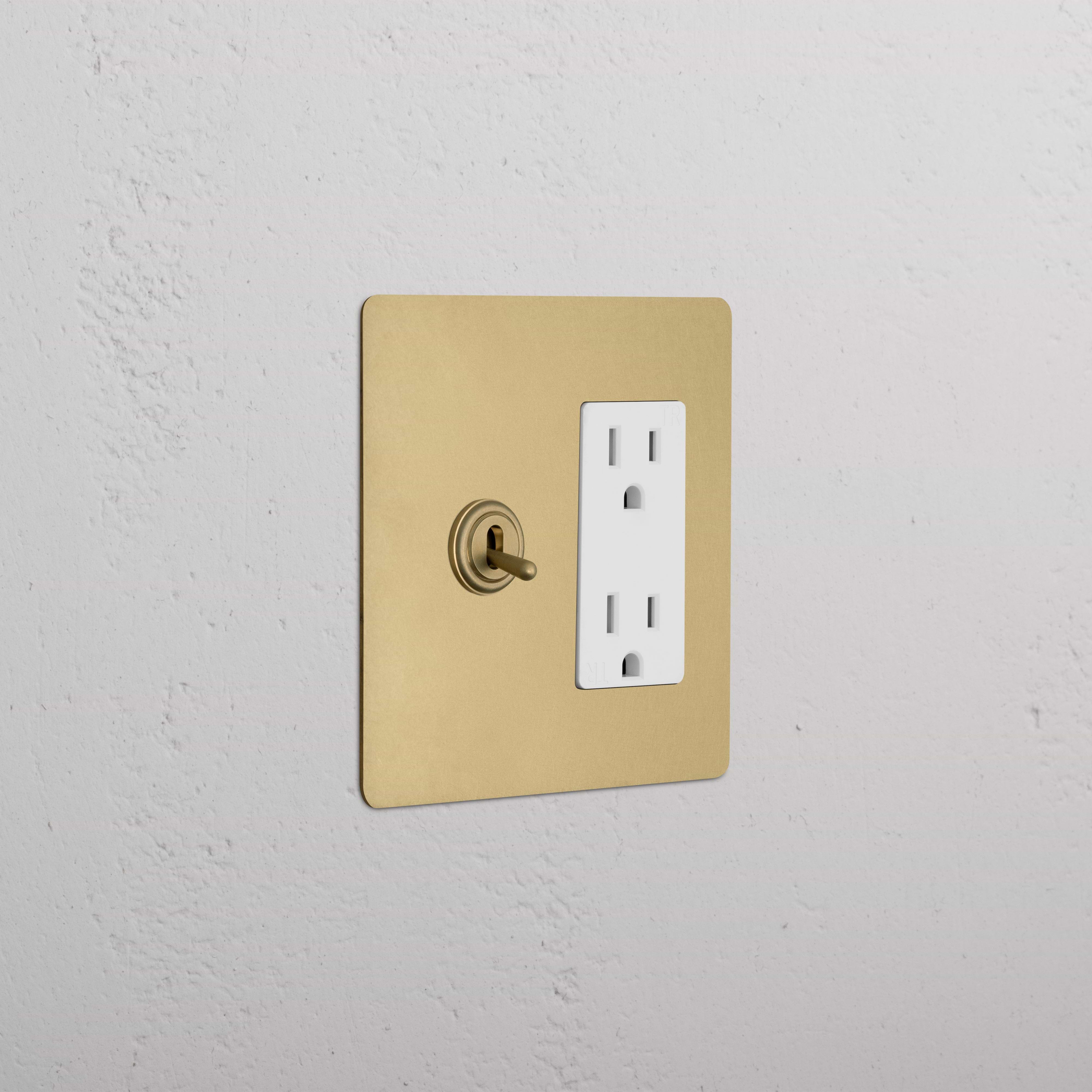 Kew 2G Toggle Switch & Outlet in Antique Brass White with white double outlet and single toggle switch.