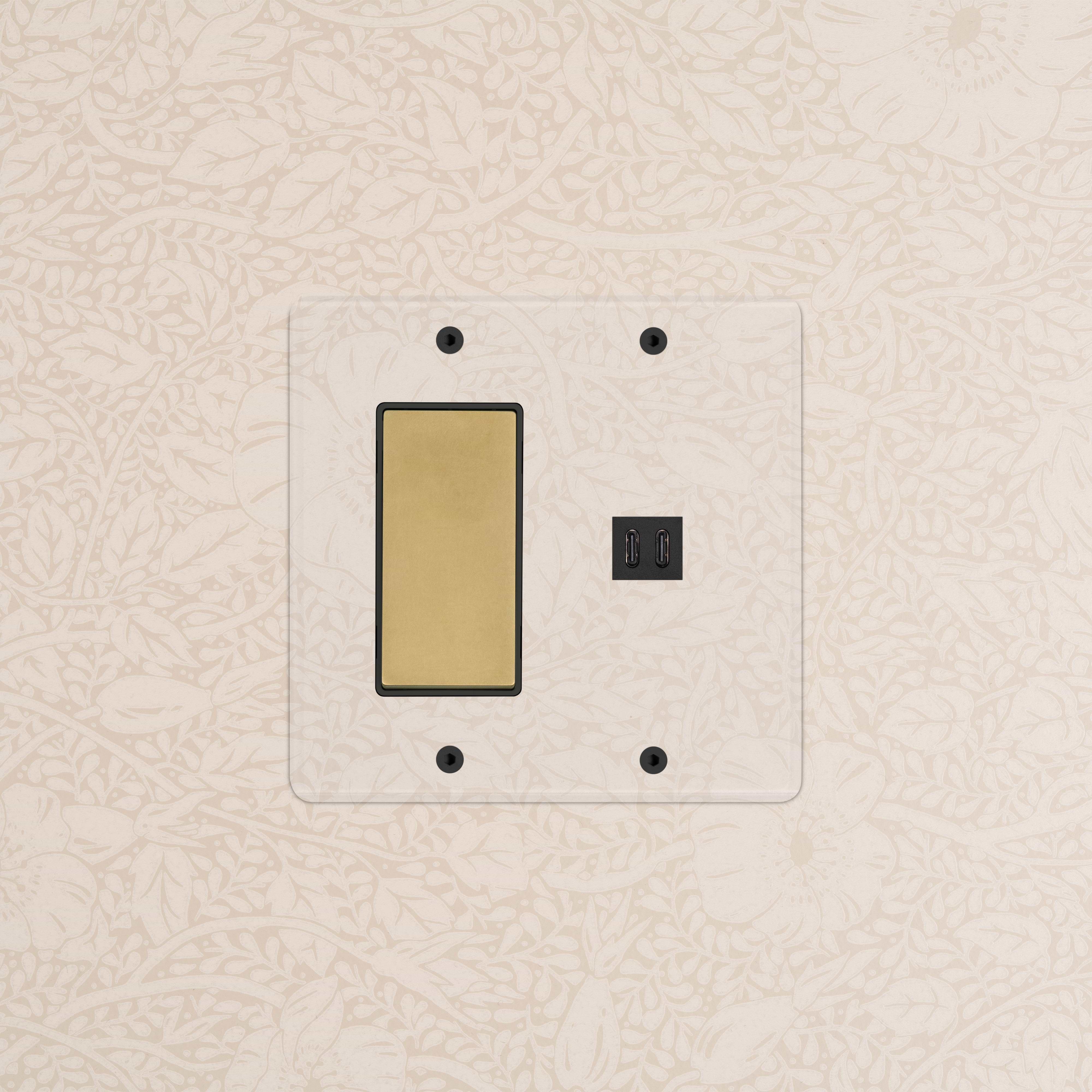 Kew 2G Rocker Switch & Fast Charge USB in clear antique brass black finish, mounted on a wall.