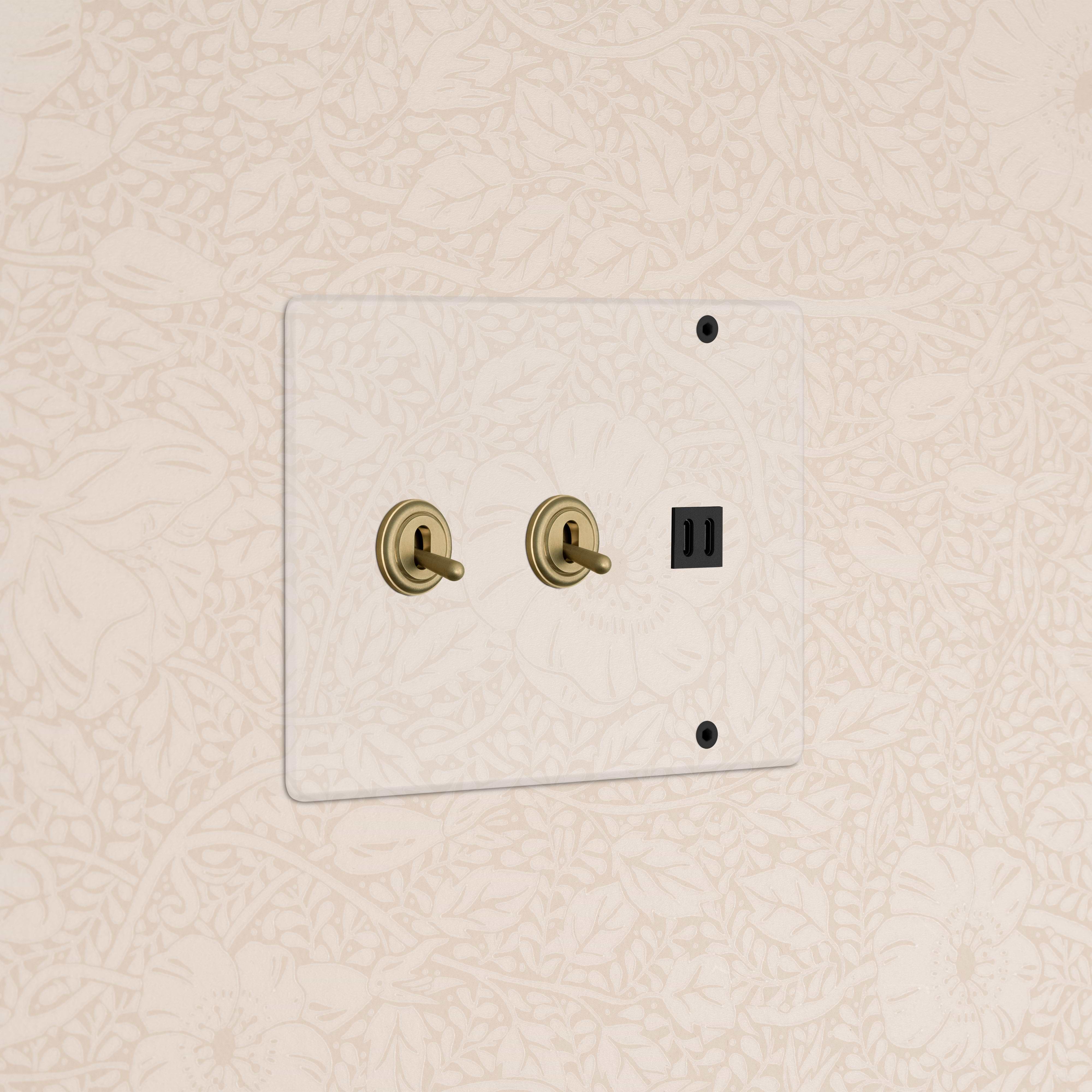 Kew 3G 2x Toggle Switch & Fast Charge USB in Clear Antique Brass Black, with two toggles and a USB port.