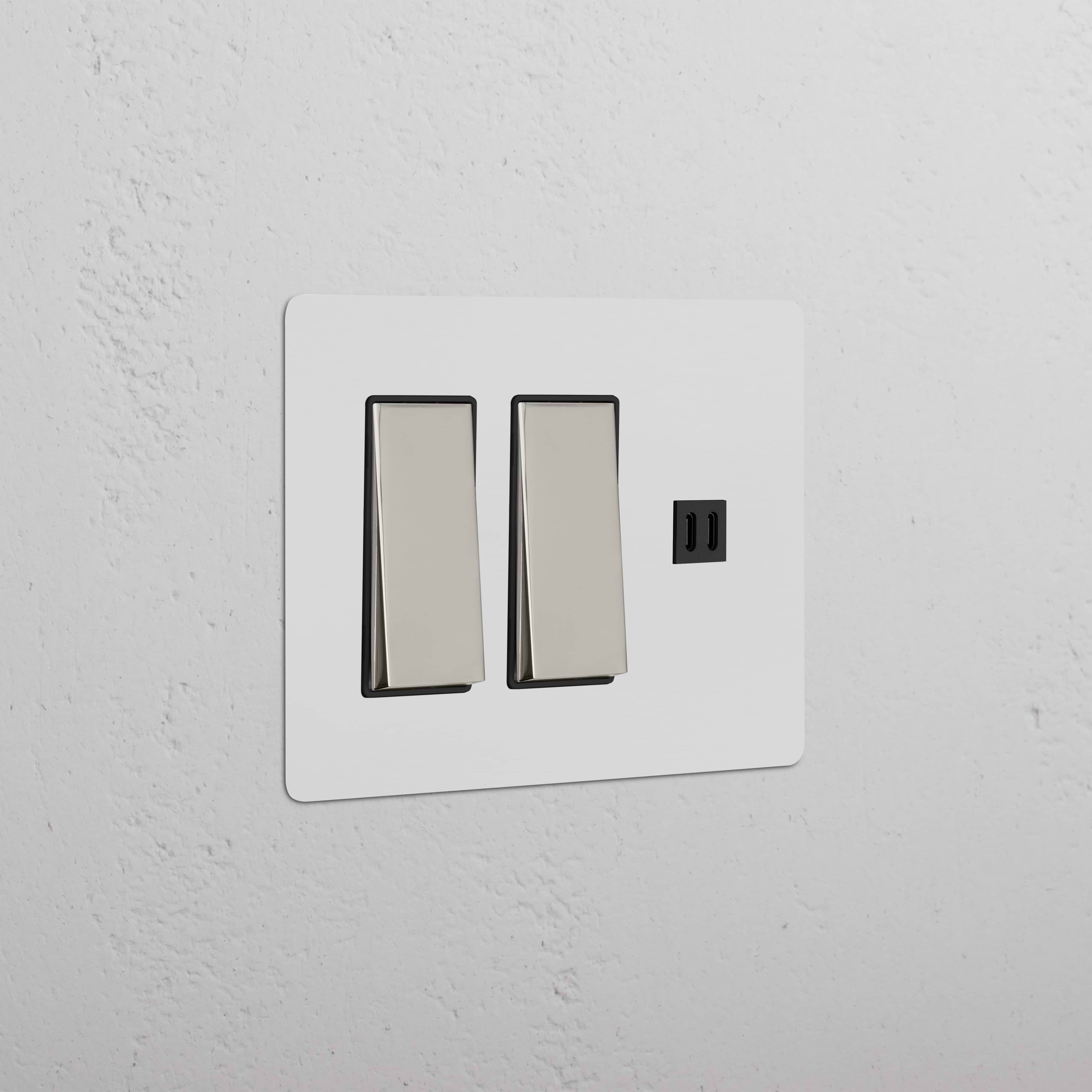Kew 3G 2x Rocker Switch & Fast Charge USB in paintable polished nickel black, with two switches and a USB port.